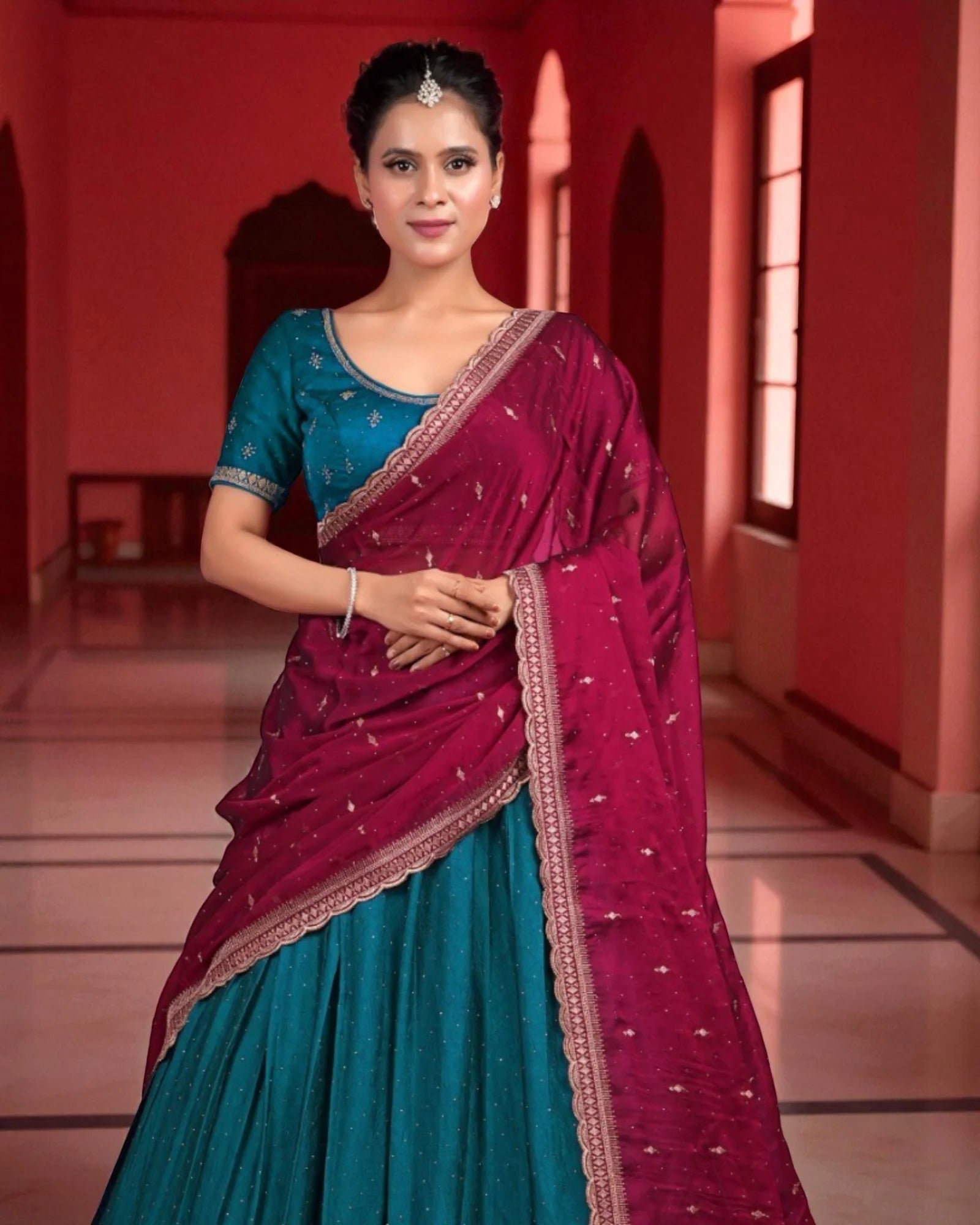Firozi Georgette Half Saree With Artistic Detail