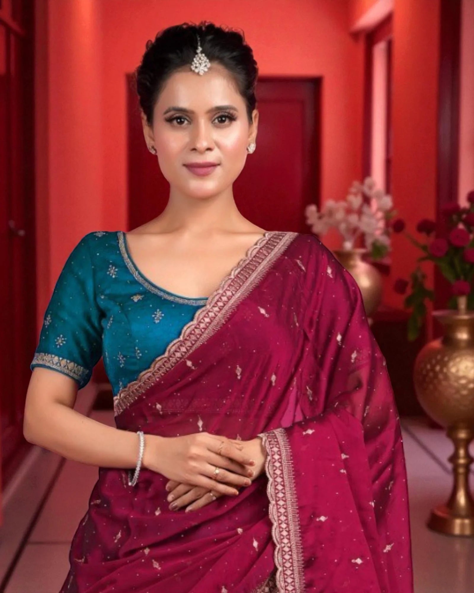 Firozi Georgette Half Saree With Artistic Detail