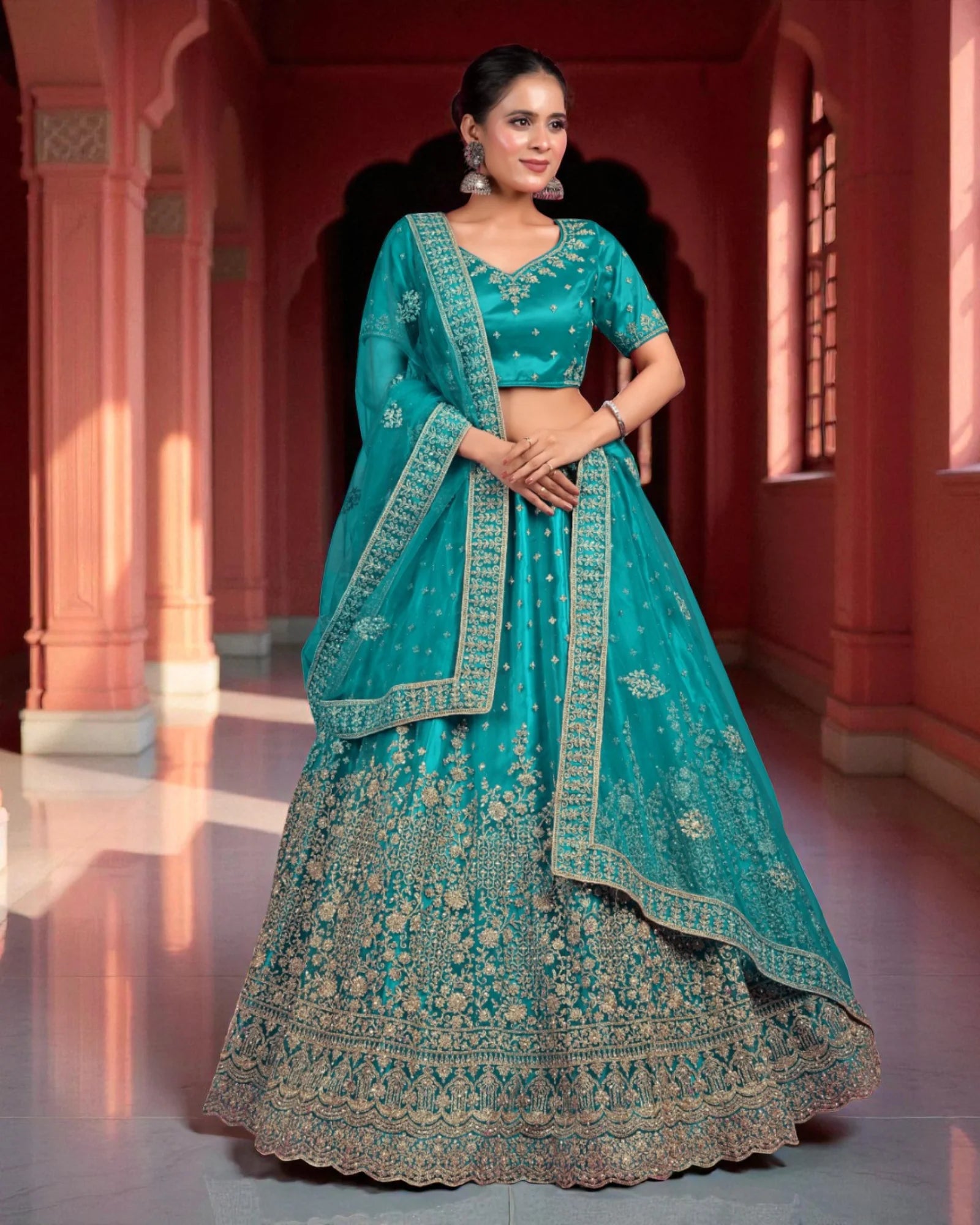 Firozi Embroidered Semi Stitched Lehenga Set