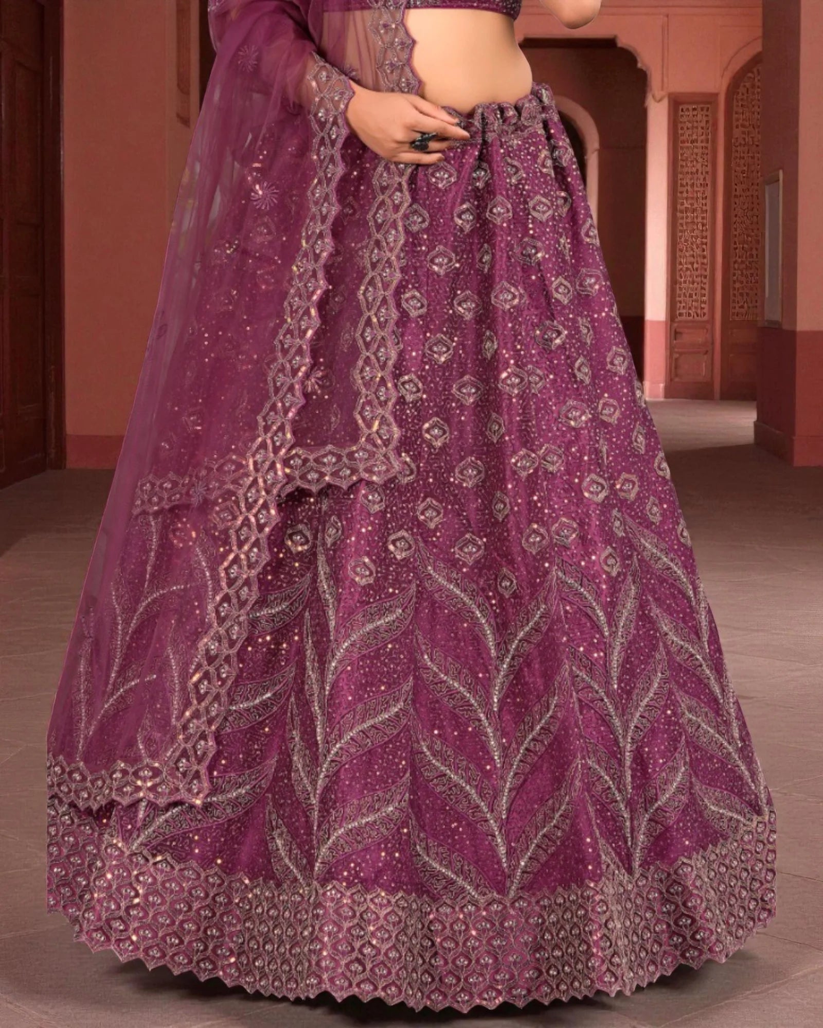 Gajri Beadwork Semi Stitched Lehenga Set