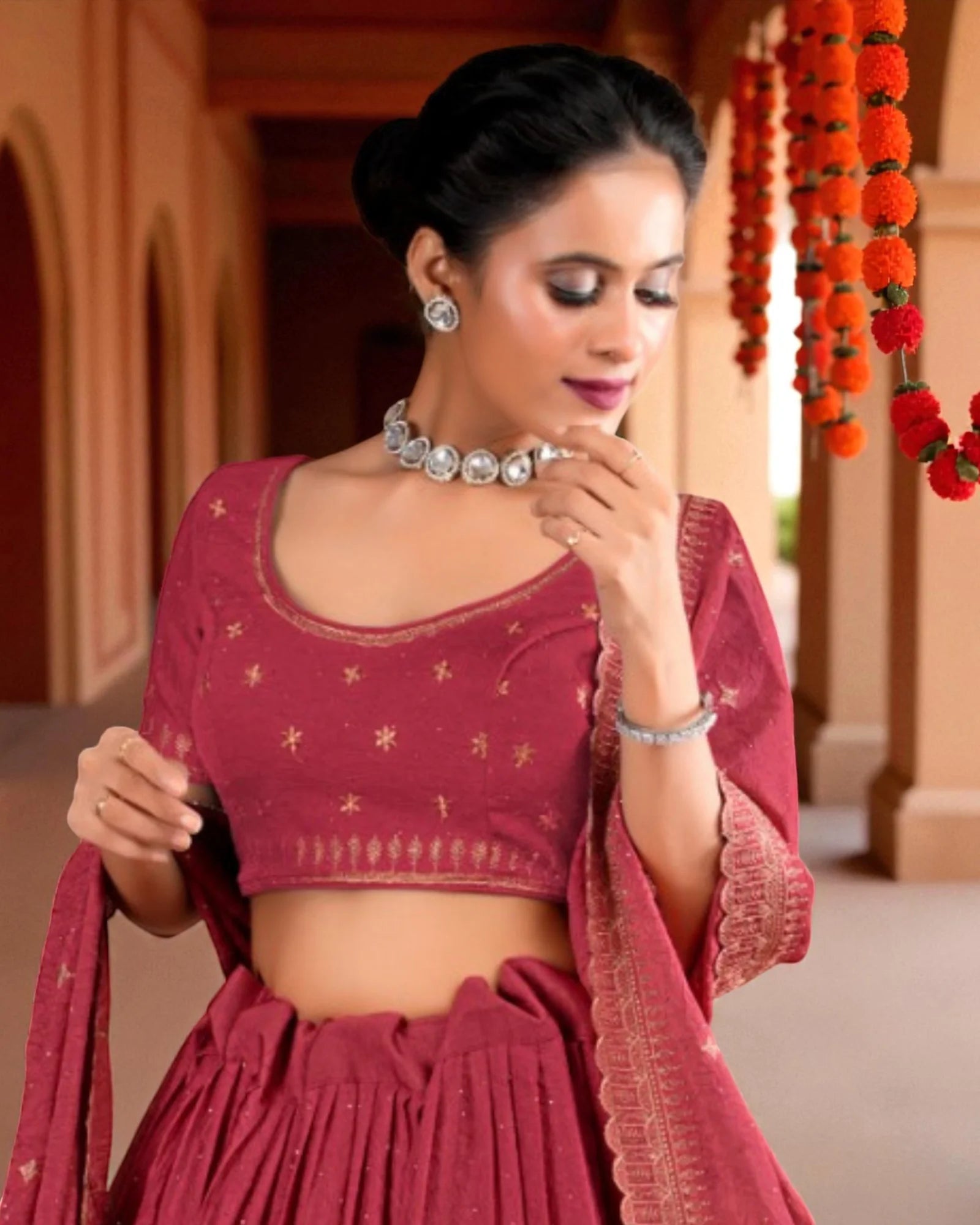 Fusion Georgette Embroidered Lehenga Set