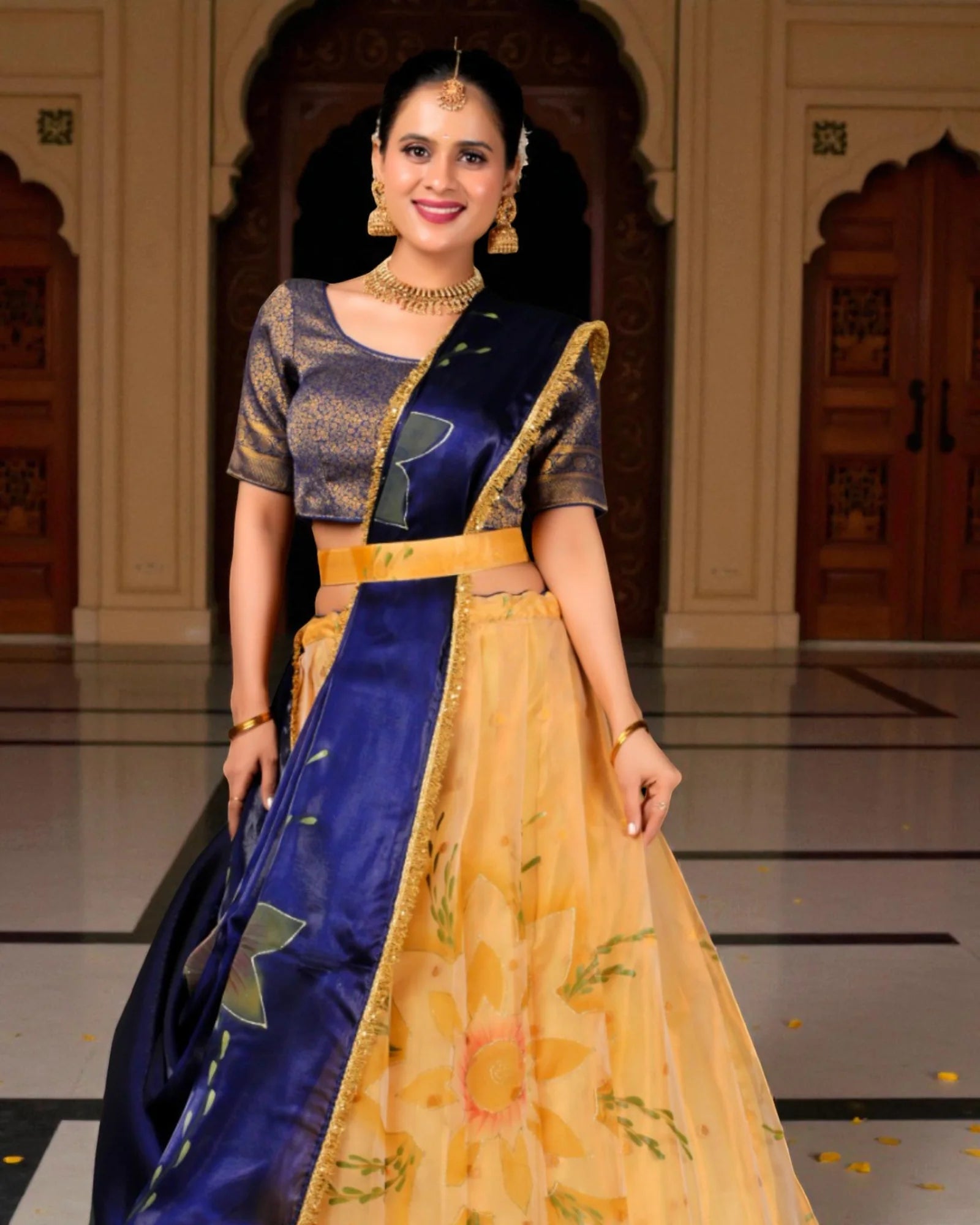 Gold Zari Art Floral Semi Stitched Lehenga