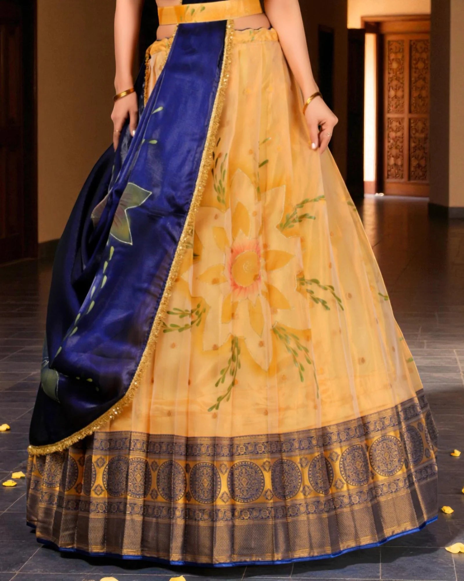 Gold Zari Art Floral Semi Stitched Lehenga