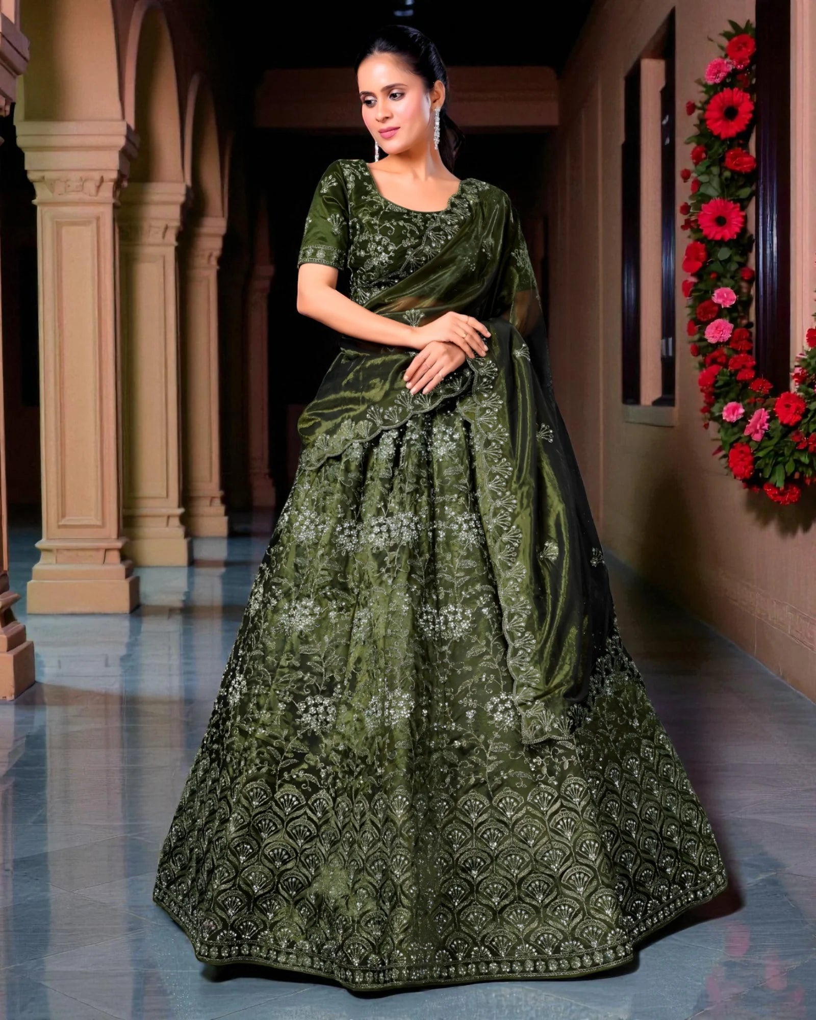 Mehendi Green Twill Net Embroidered Lehenga