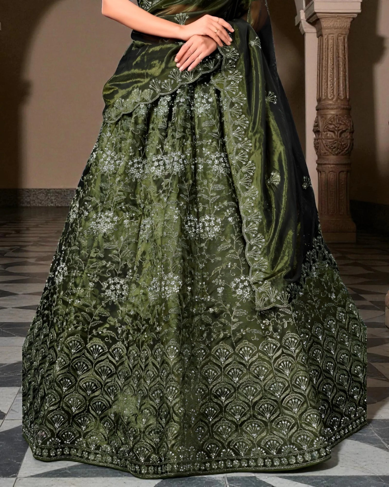 Mehendi Green Twill Net Embroidered Lehenga