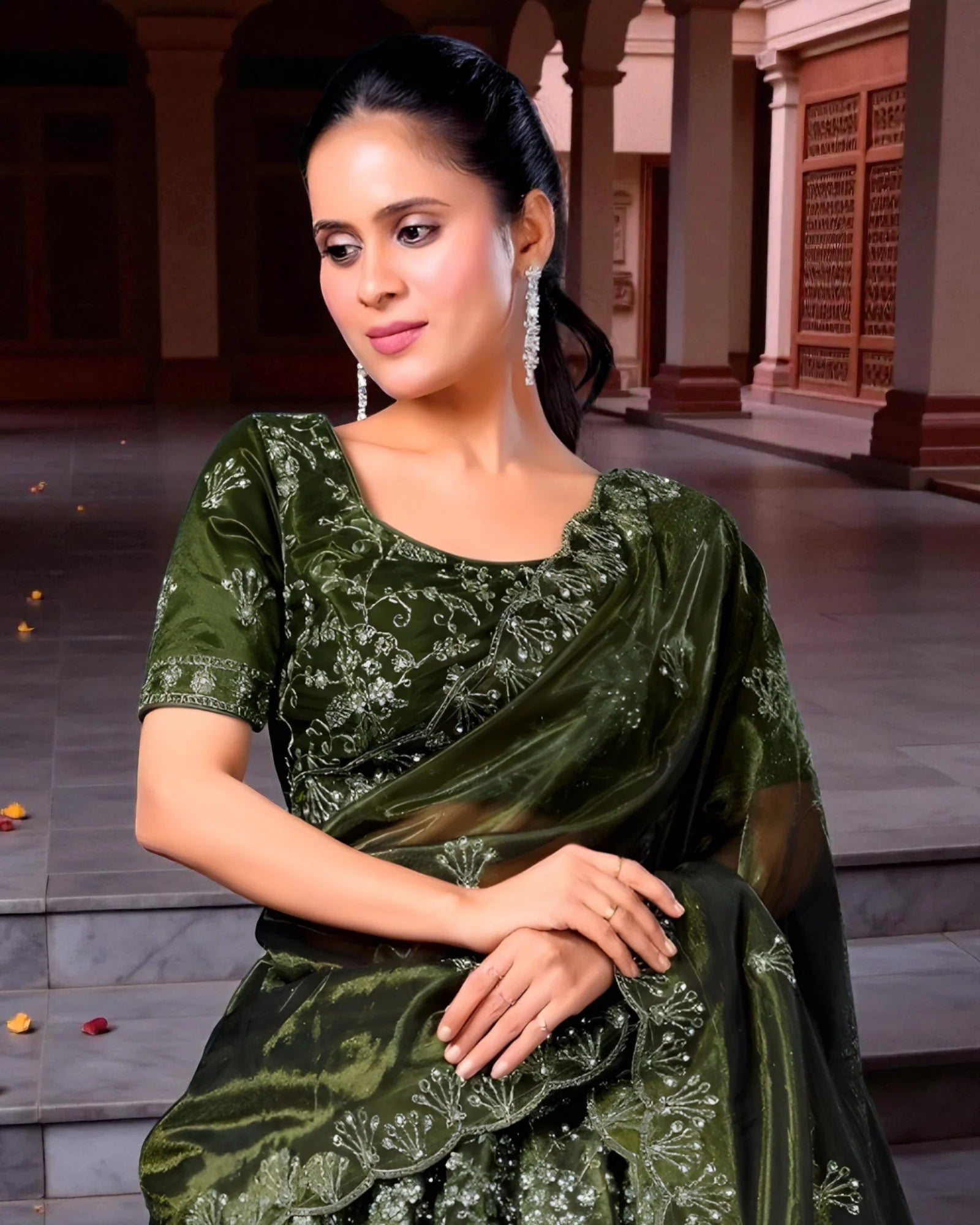 Mehendi Green Twill Net Embroidered Lehenga