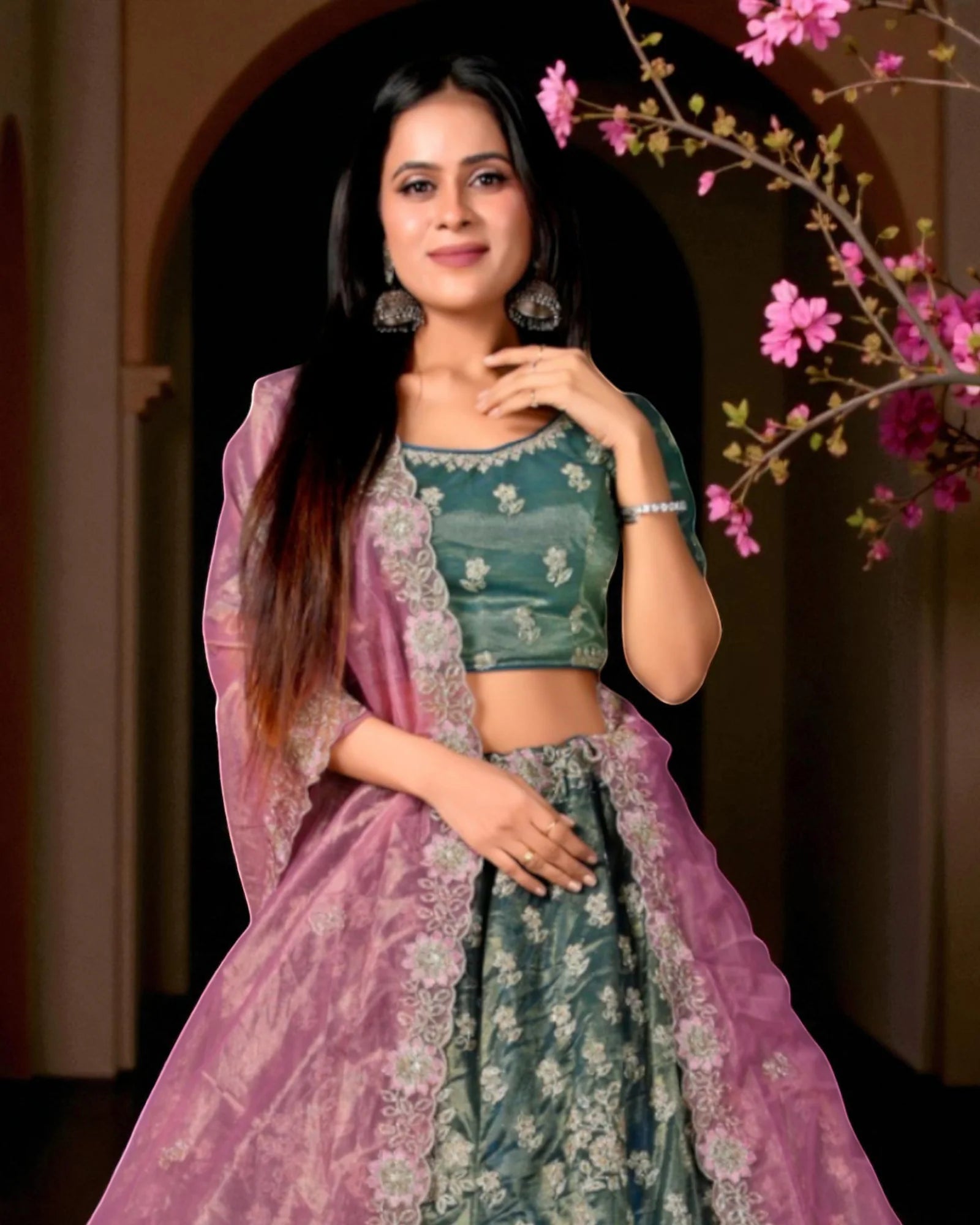 Grey Cotton Embroidered Semi Stitched Lehenga Set