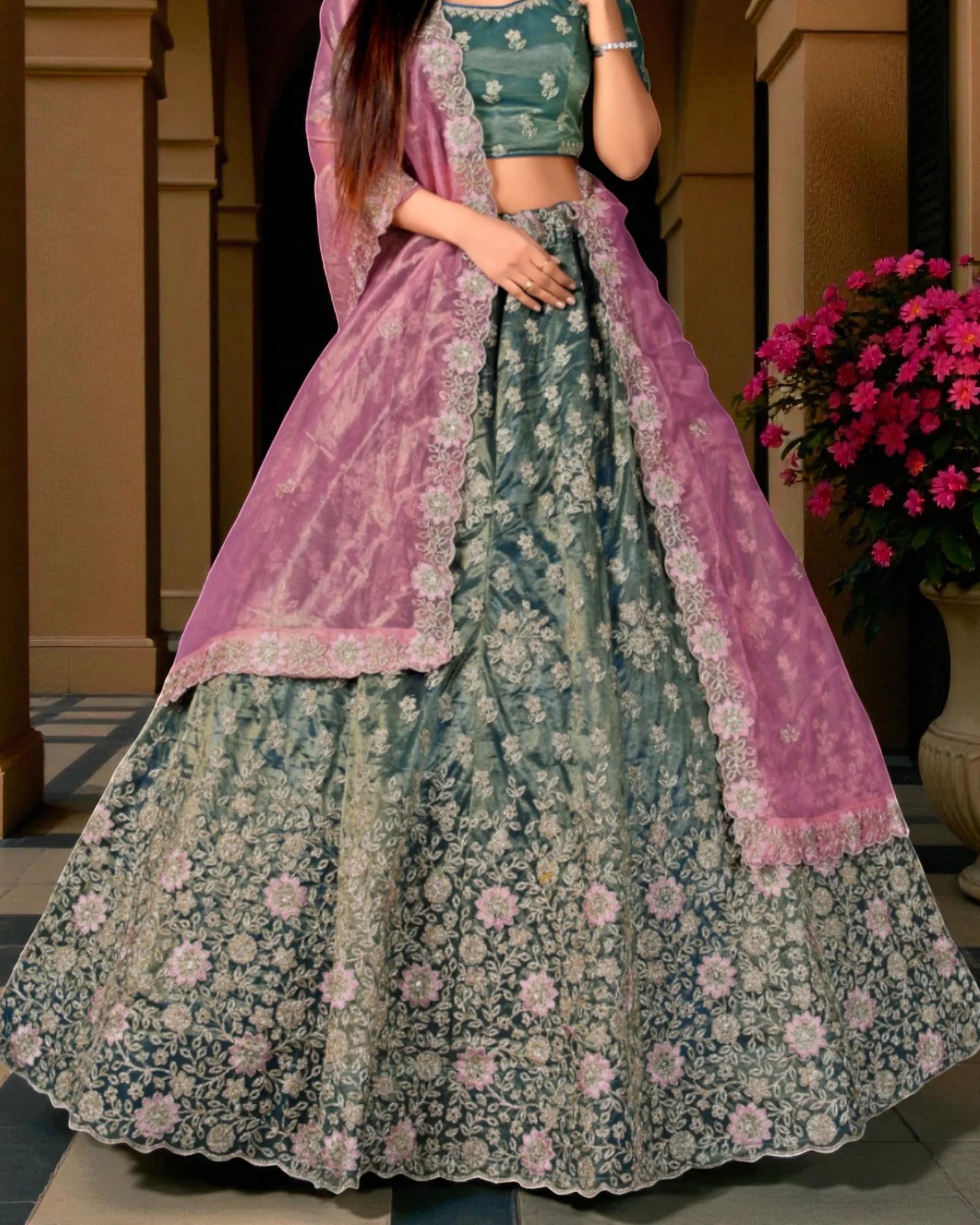 Grey Cotton Embroidered Semi Stitched Lehenga Set