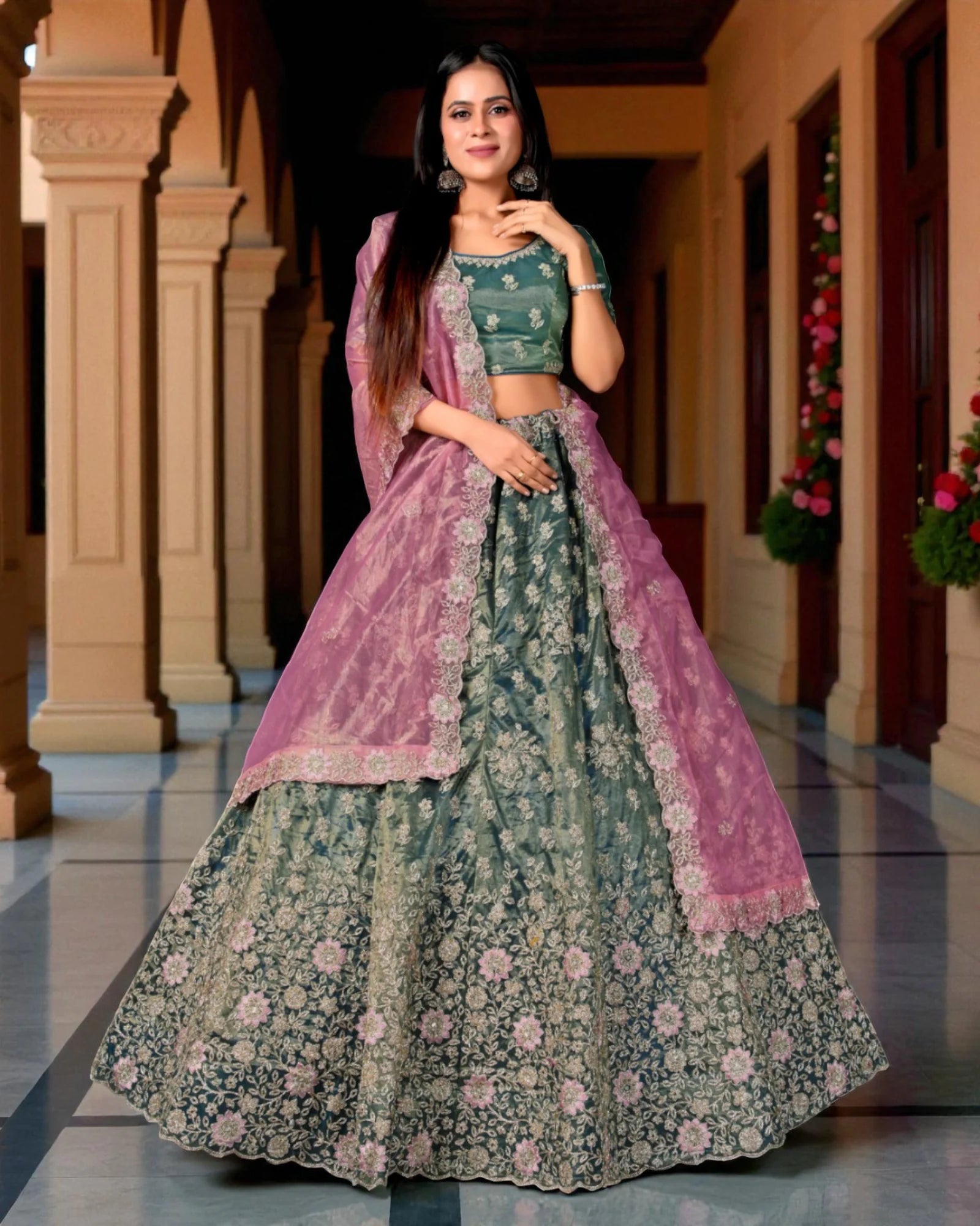 Grey Cotton Embroidered Semi Stitched Lehenga Set