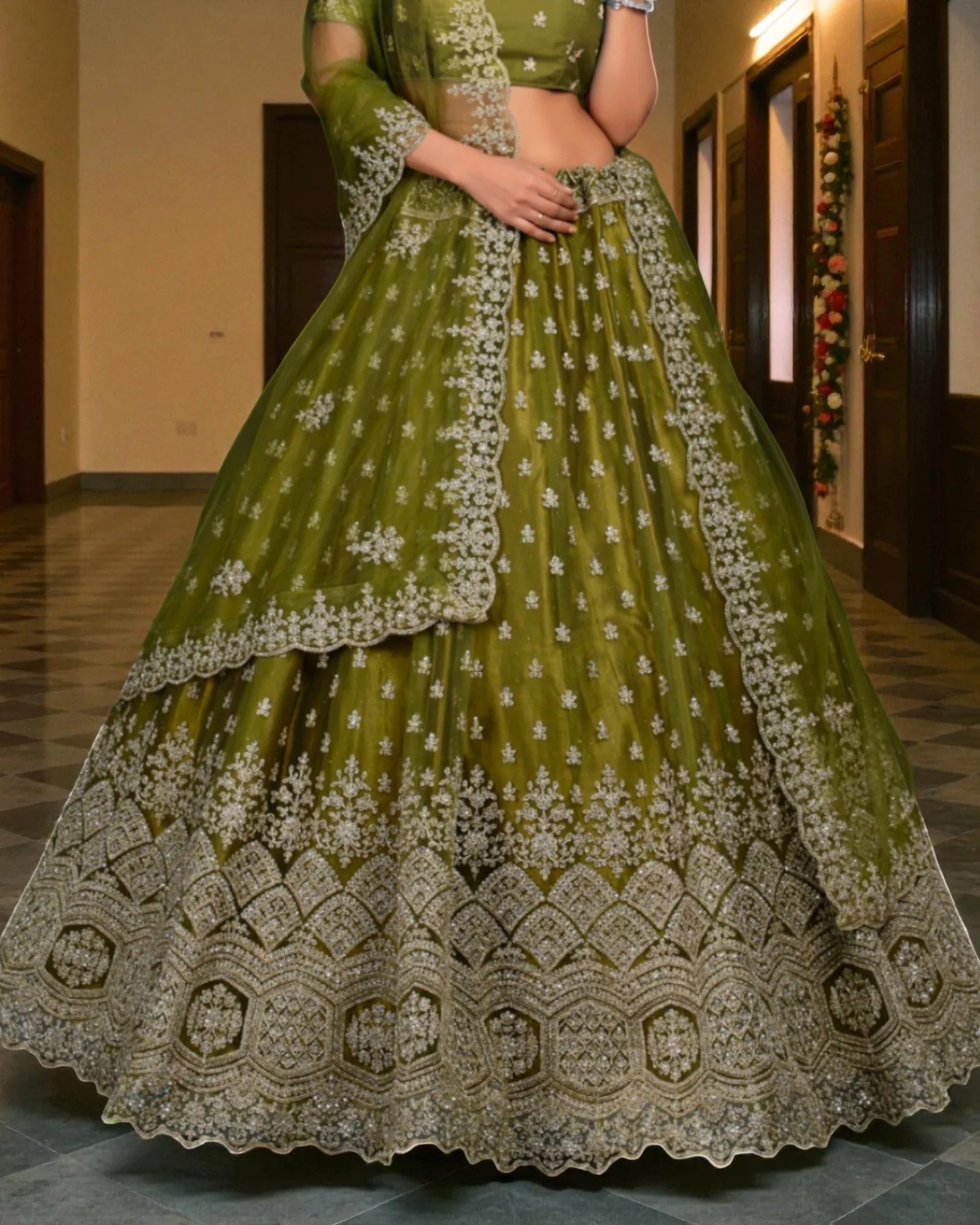 Green Thread Work Fusion Lehenga