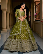 Green Thread Work Fusion Lehenga