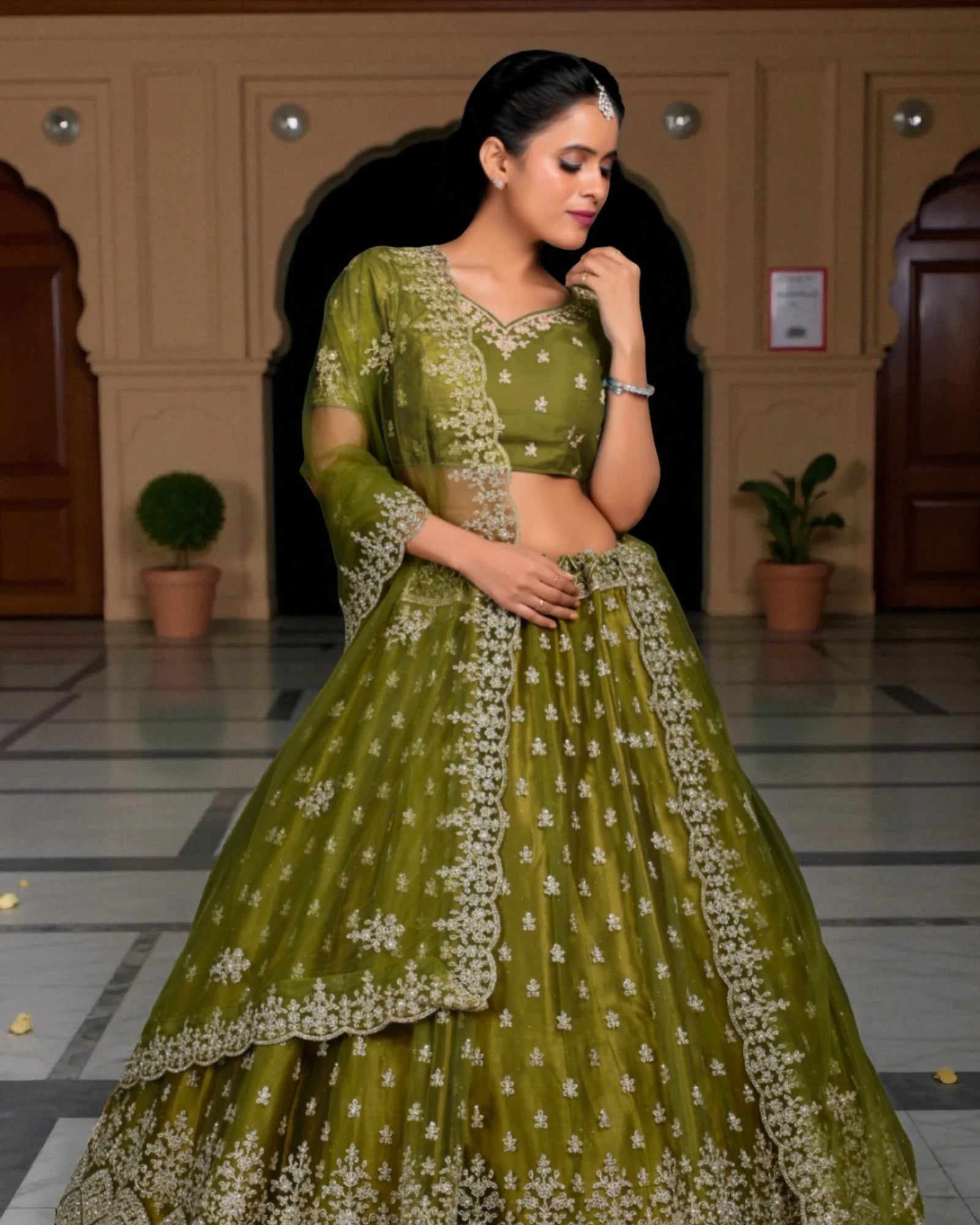 Green Thread Work Fusion Lehenga