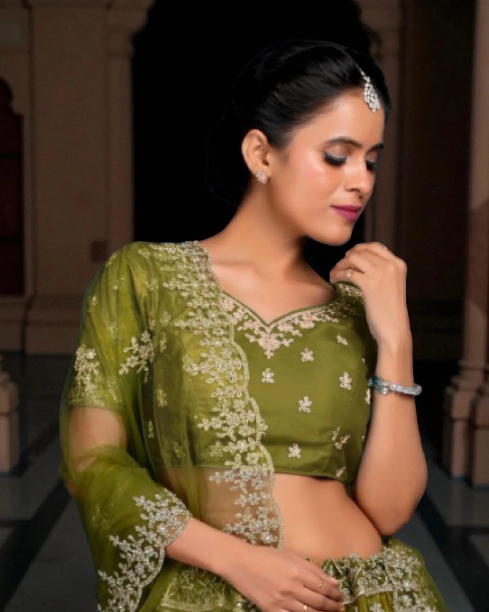 Green Thread Work Fusion Lehenga