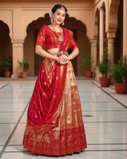 Vibrant Red Banarasi Silk Half Saree with Zari