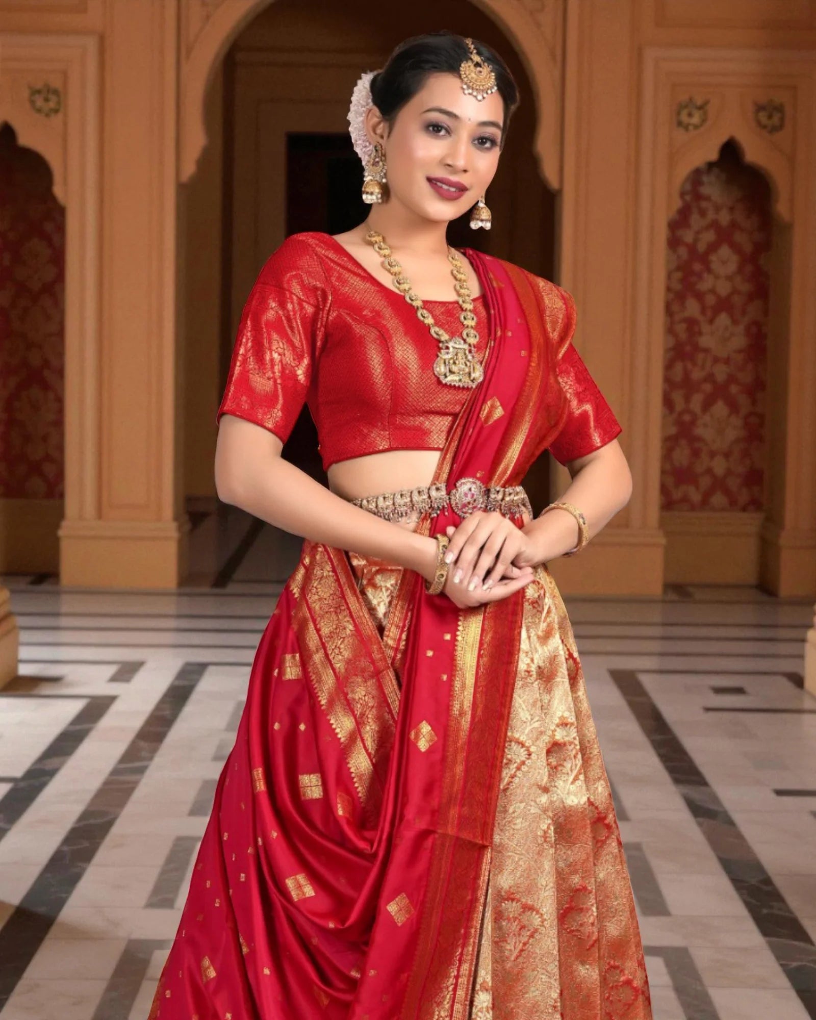 Vibrant Red Banarasi Silk Half Saree with Zari