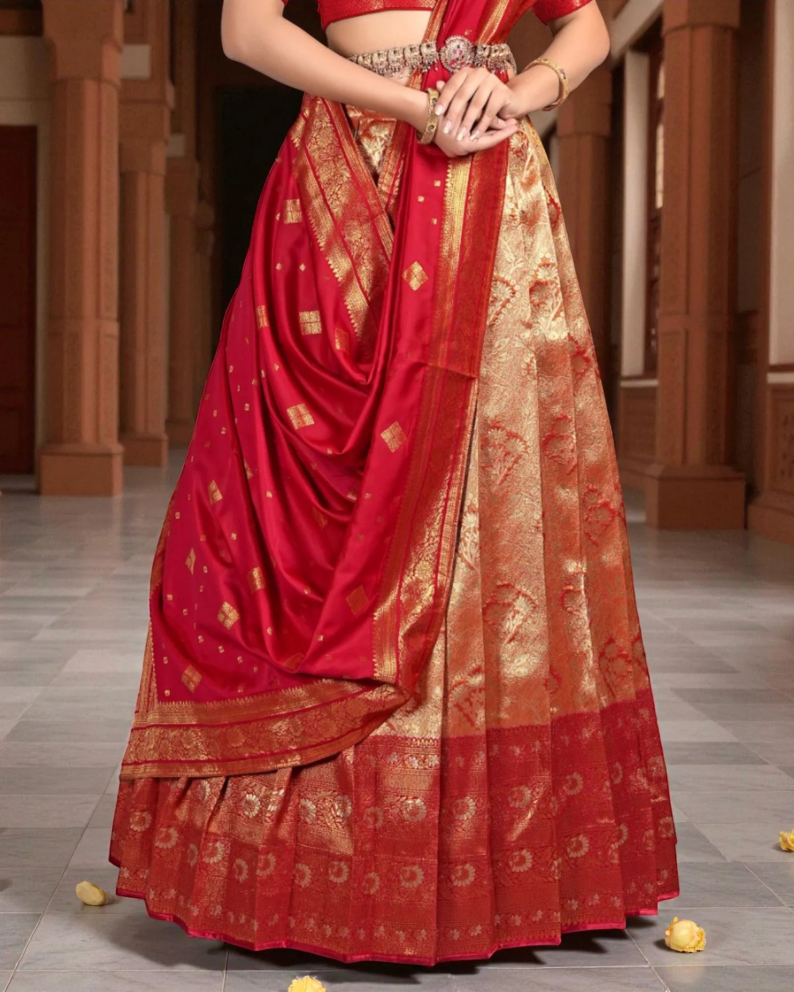 Vibrant Red Banarasi Silk Half Saree with Zari