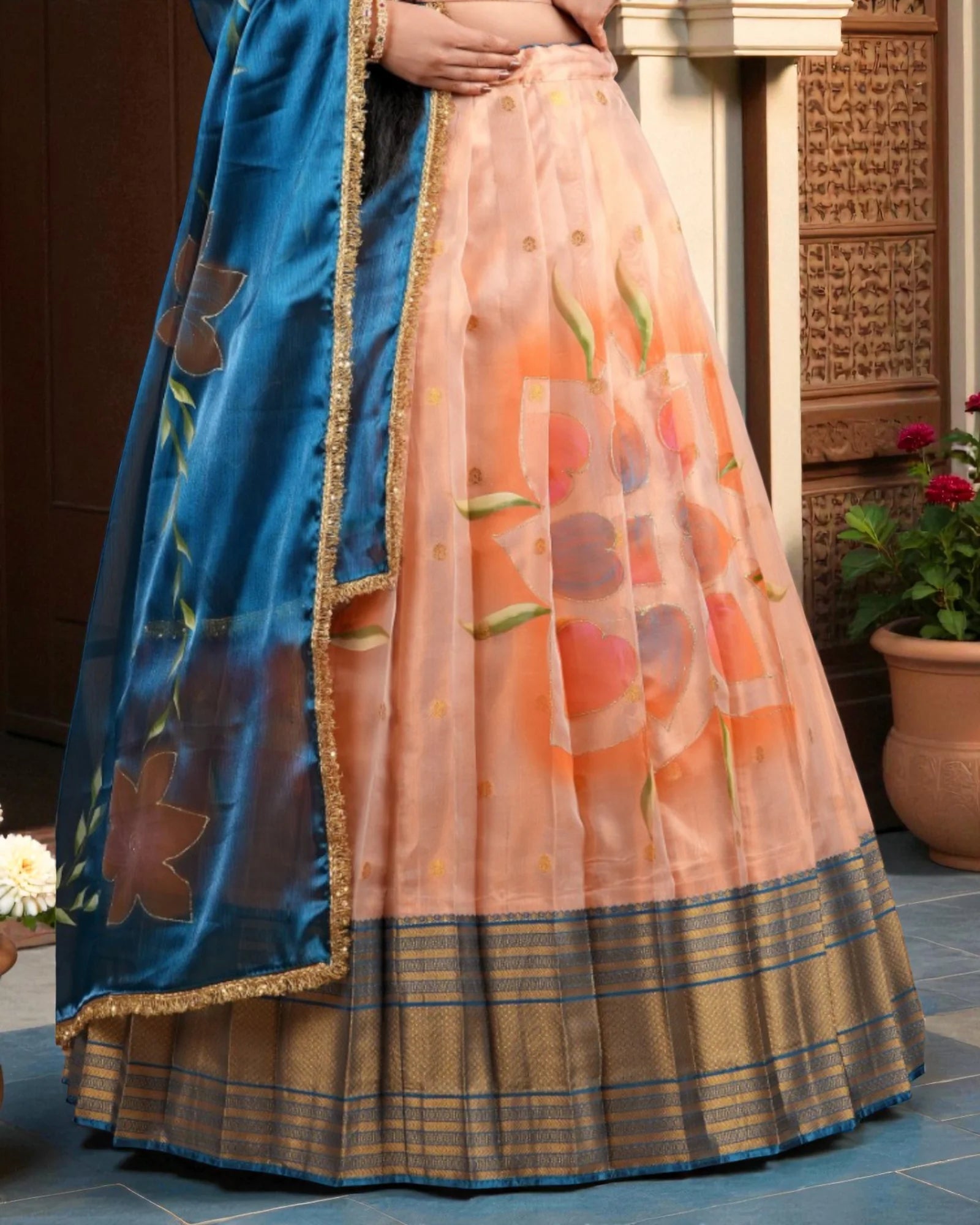 Peach Floral Embroidered Lehenga Set