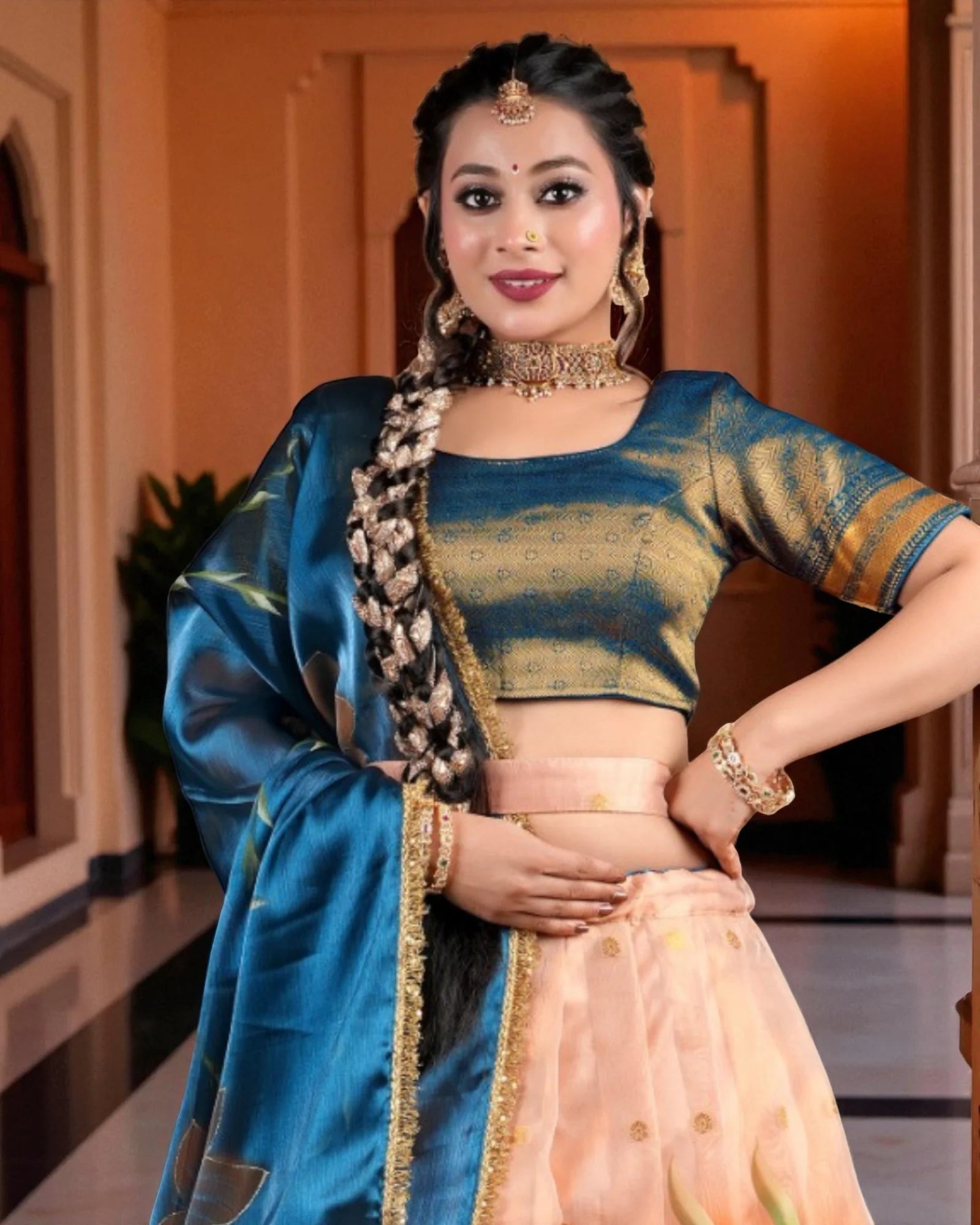 Peach Floral Embroidered Lehenga Set