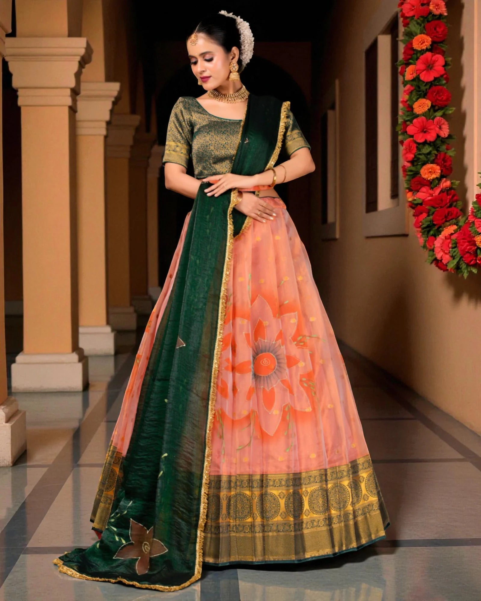Peach Floral Zari Art Semi Stitched Lehenga