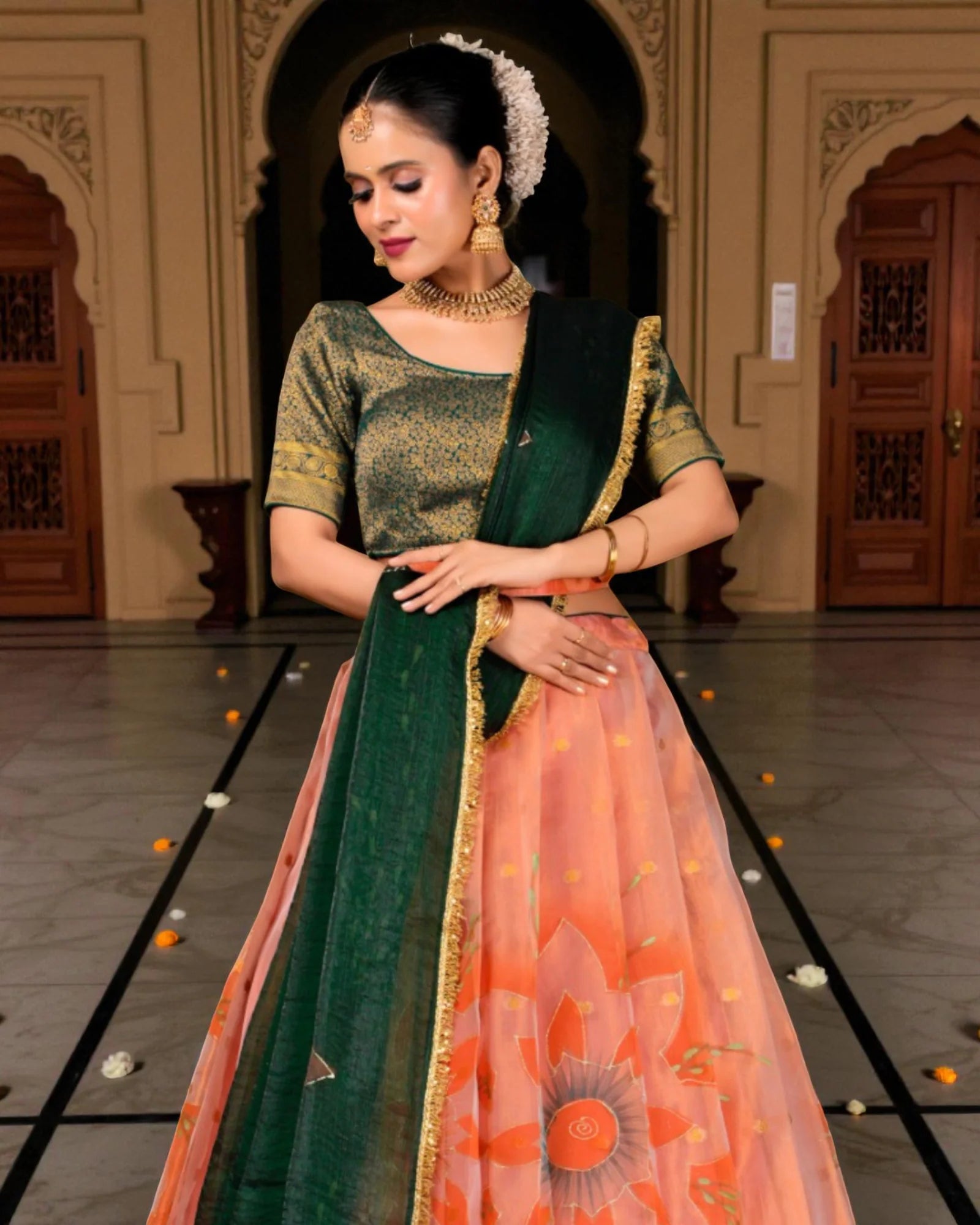 Peach Floral Zari Art Semi Stitched Lehenga