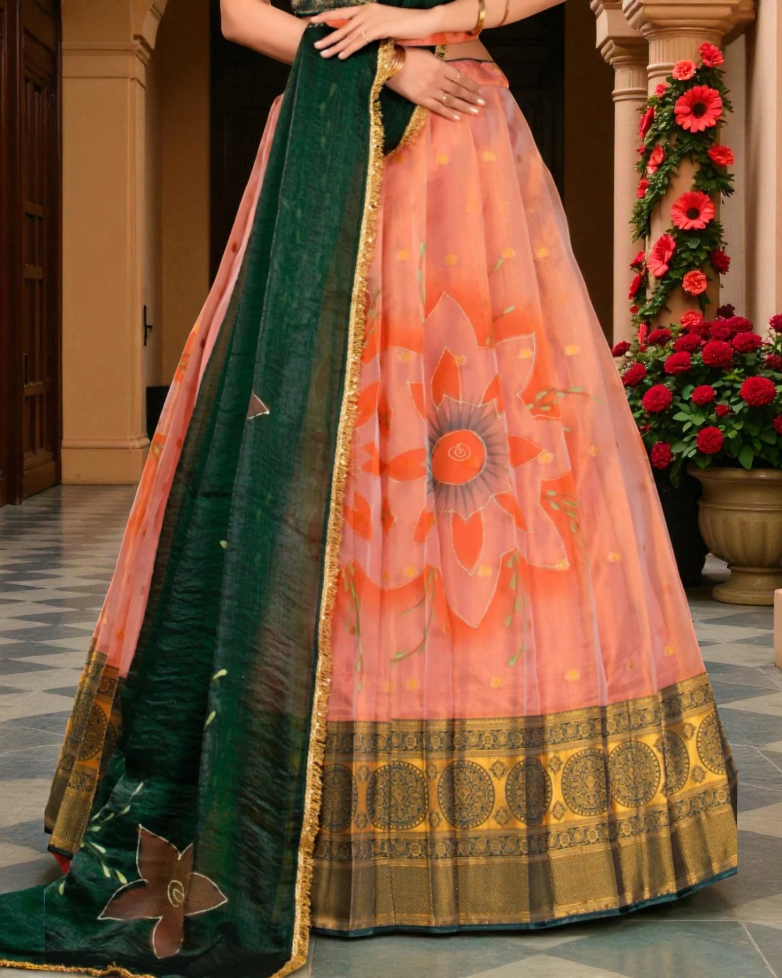 Peach Floral Zari Art Semi Stitched Lehenga