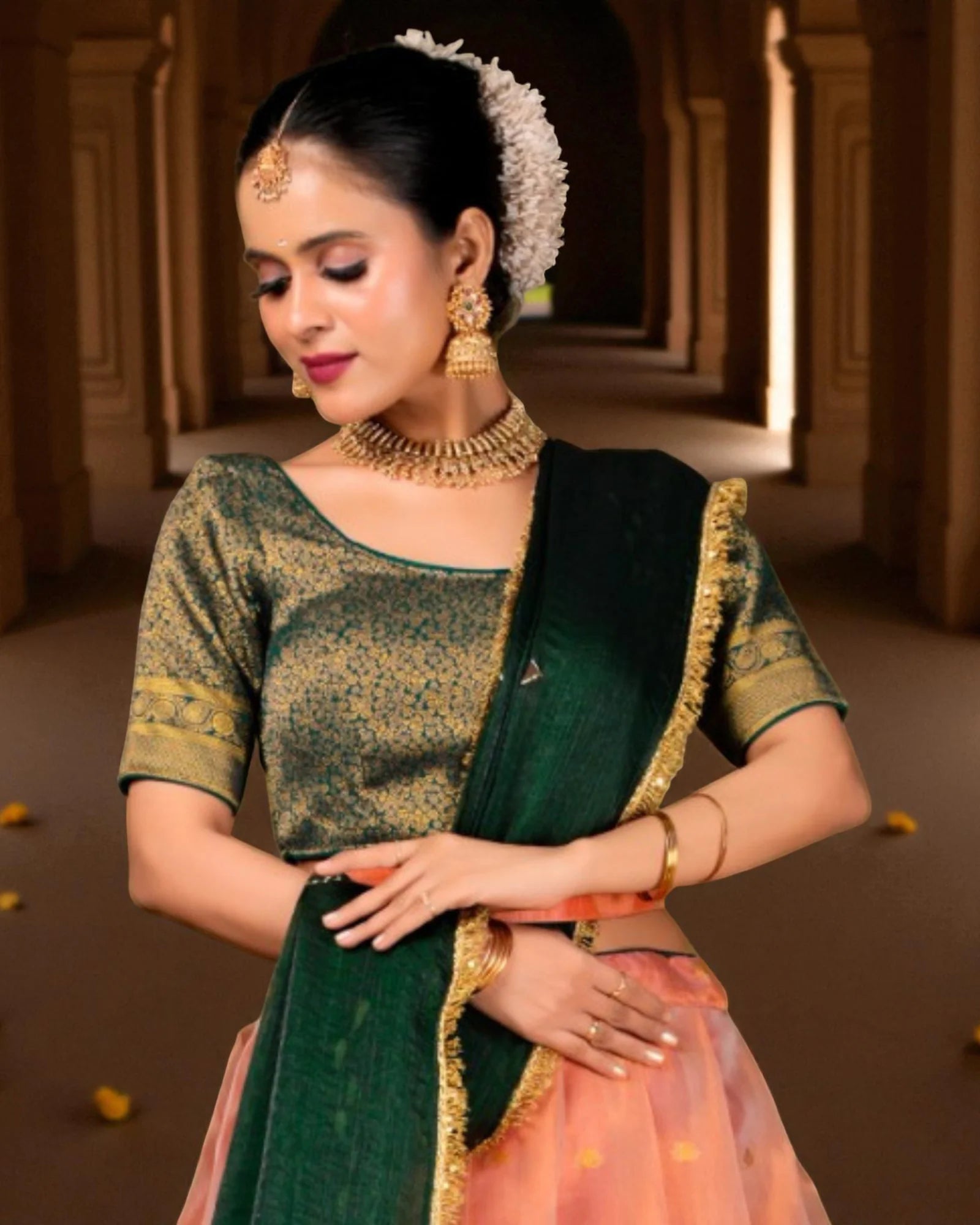 Peach Floral Zari Art Semi Stitched Lehenga