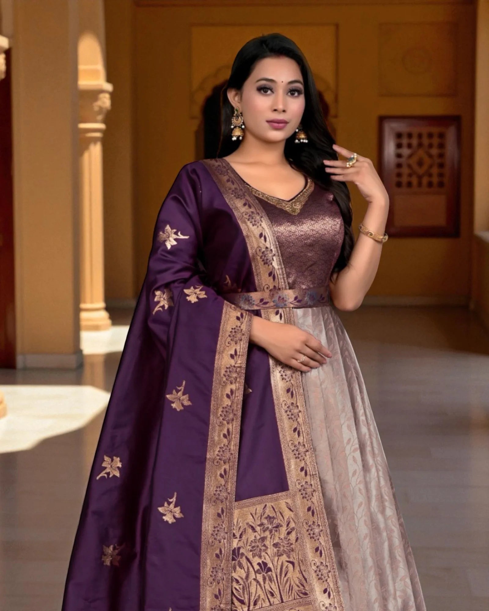 Peach Banarasi Silk Gown