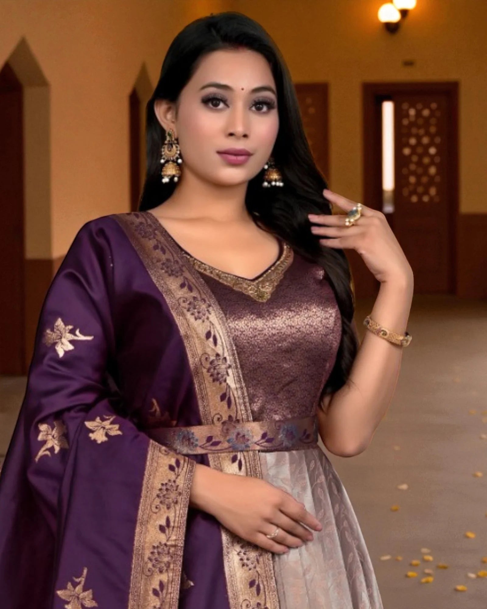 Peach Banarasi Silk Gown