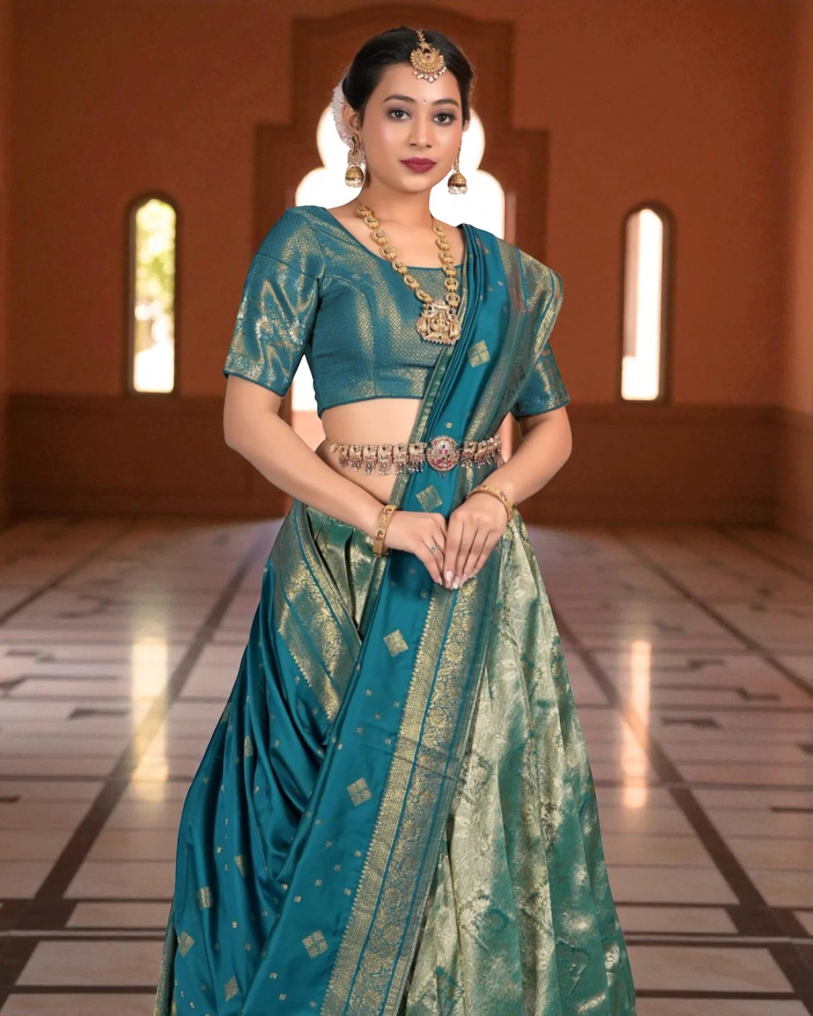 Firozi Banarasi Silk Half Saree With Zari Detailing