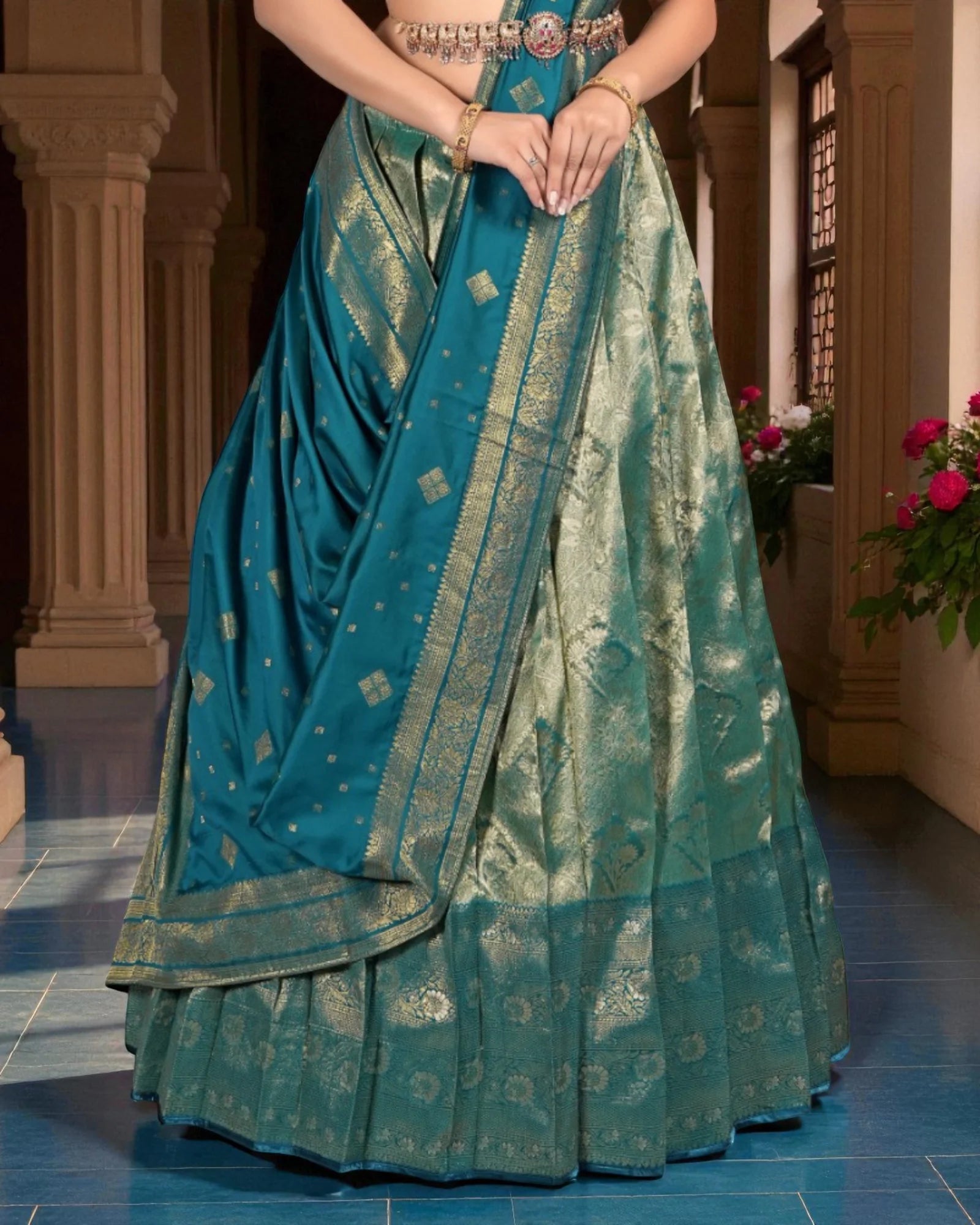 Firozi Banarasi Silk Half Saree With Zari Detailing