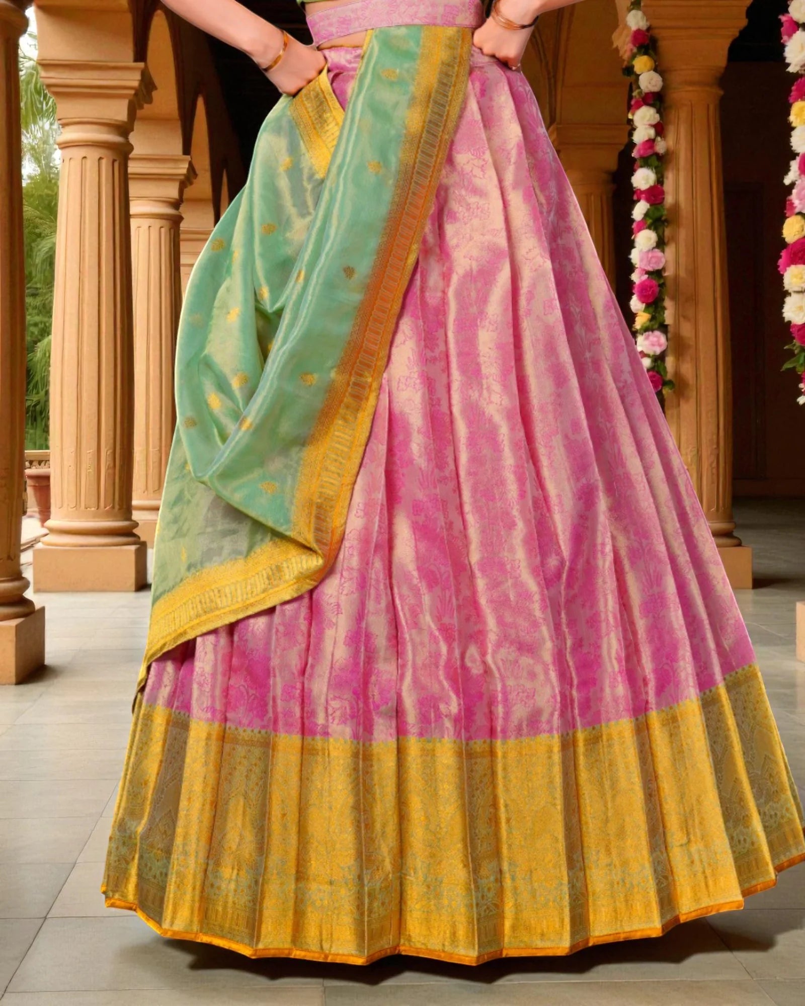 Pink Semi Stitched Half Saree With Zari Embroidery