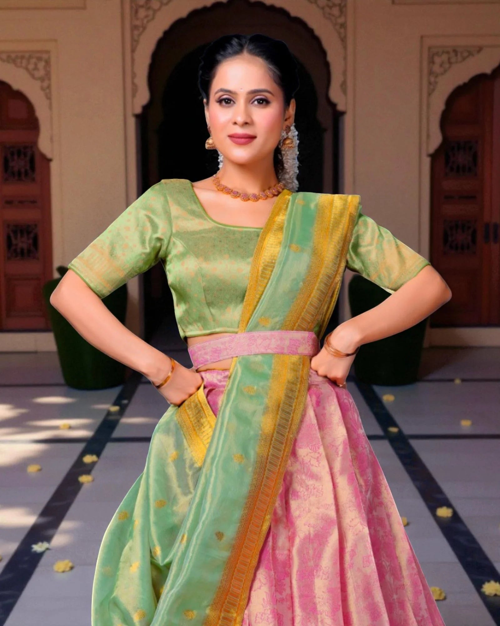 Pink Semi Stitched Half Saree With Zari Embroidery