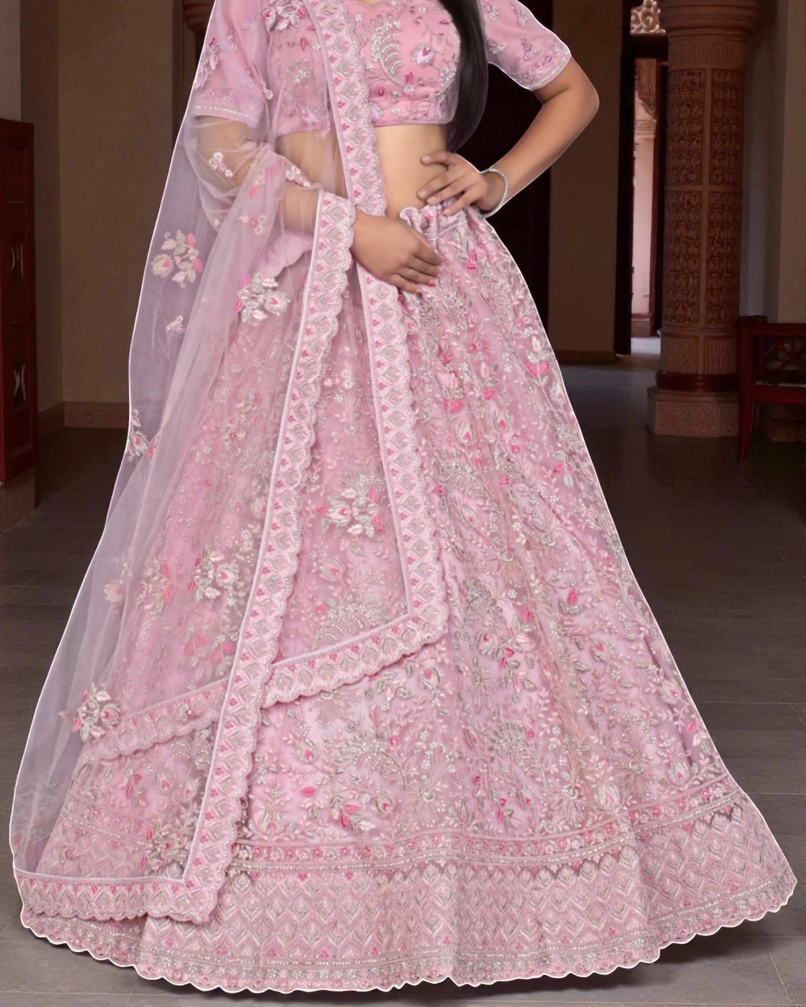 Baby Pink Cotton Semi Stitched Lehenga Set