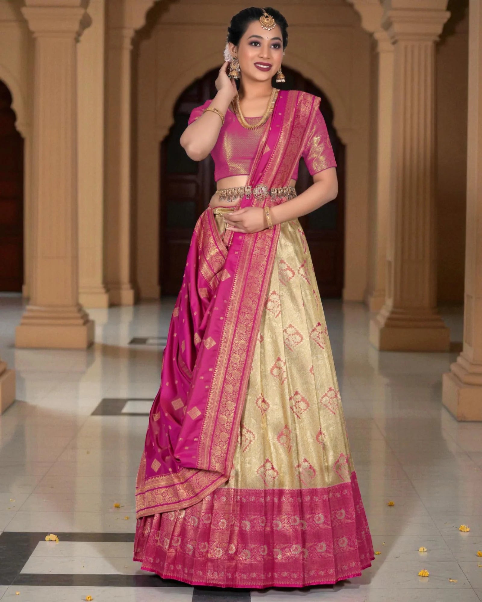 Beige Banarasi Silk Half Saree with Zari Details