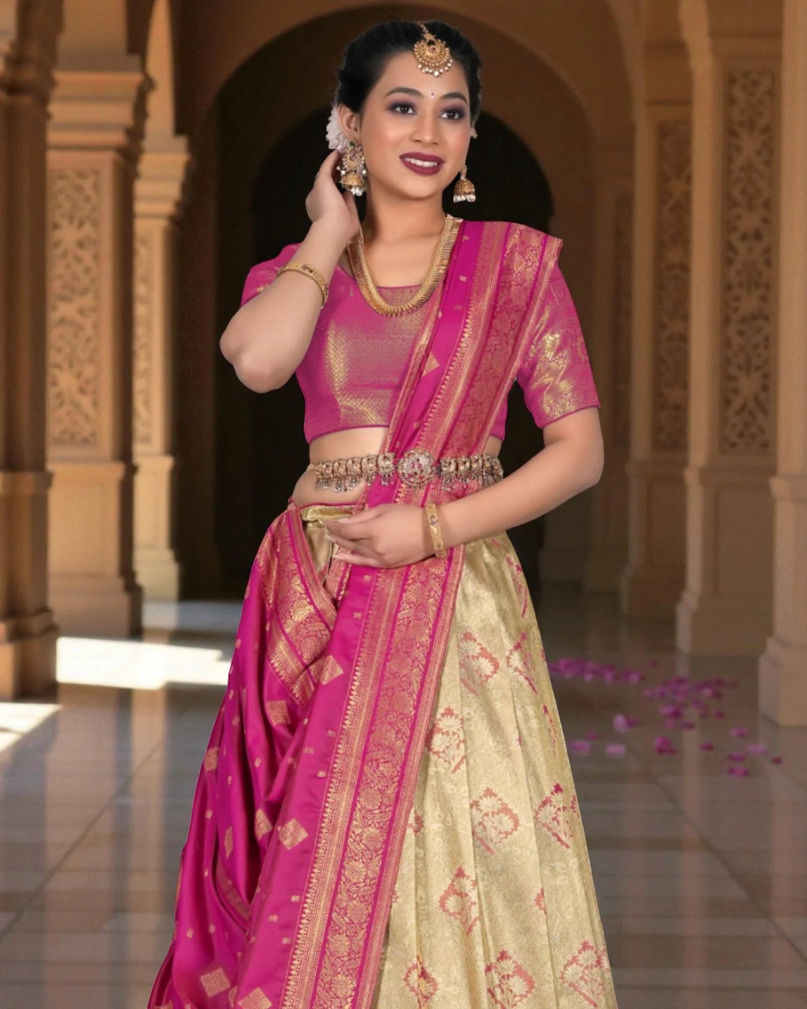 Beige Banarasi Silk Half Saree with Zari Details