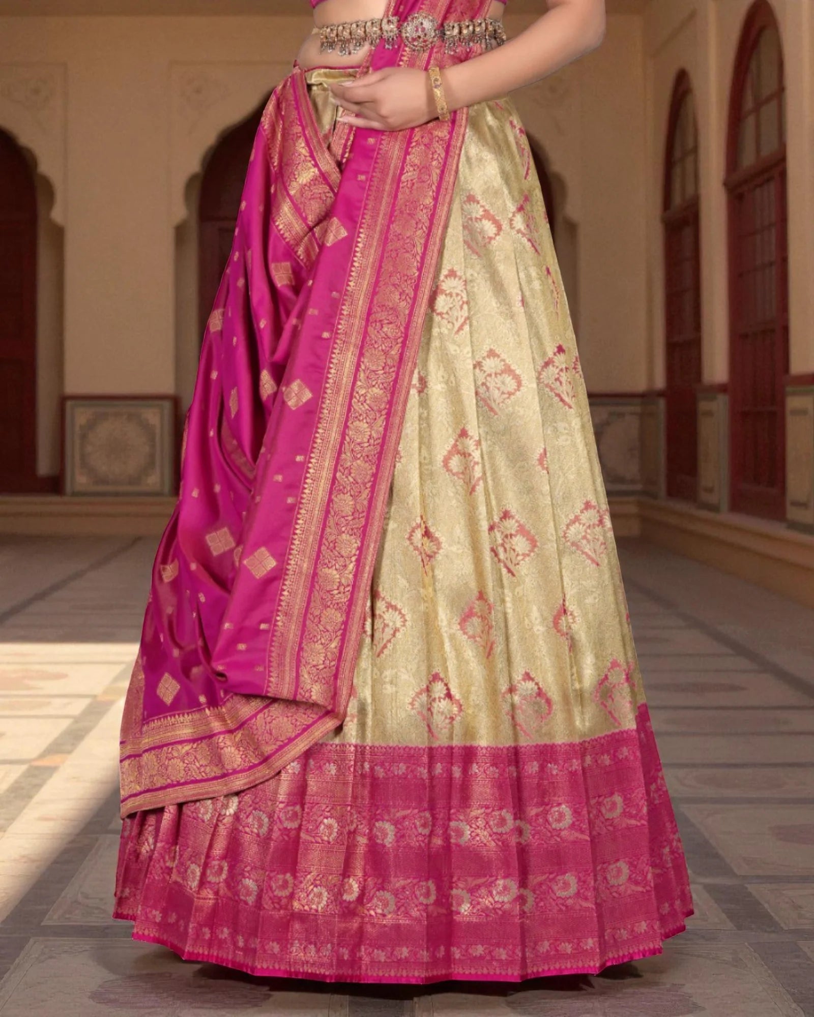 Beige Banarasi Silk Half Saree with Zari Details