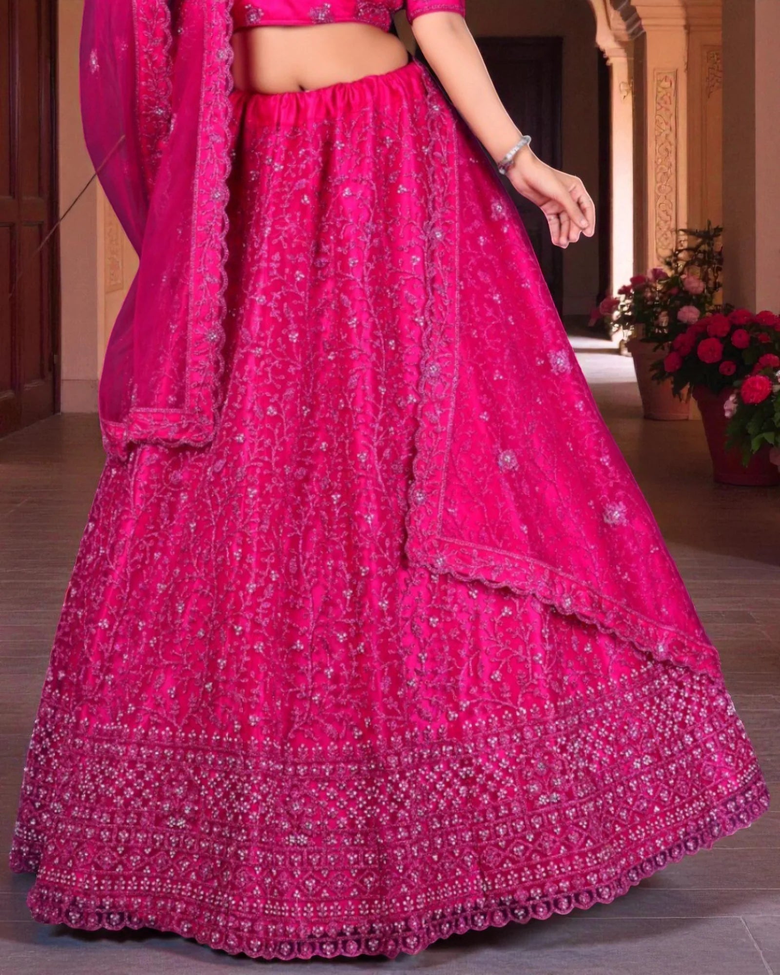 Dark Pink Semi Stitched Lehenga Set