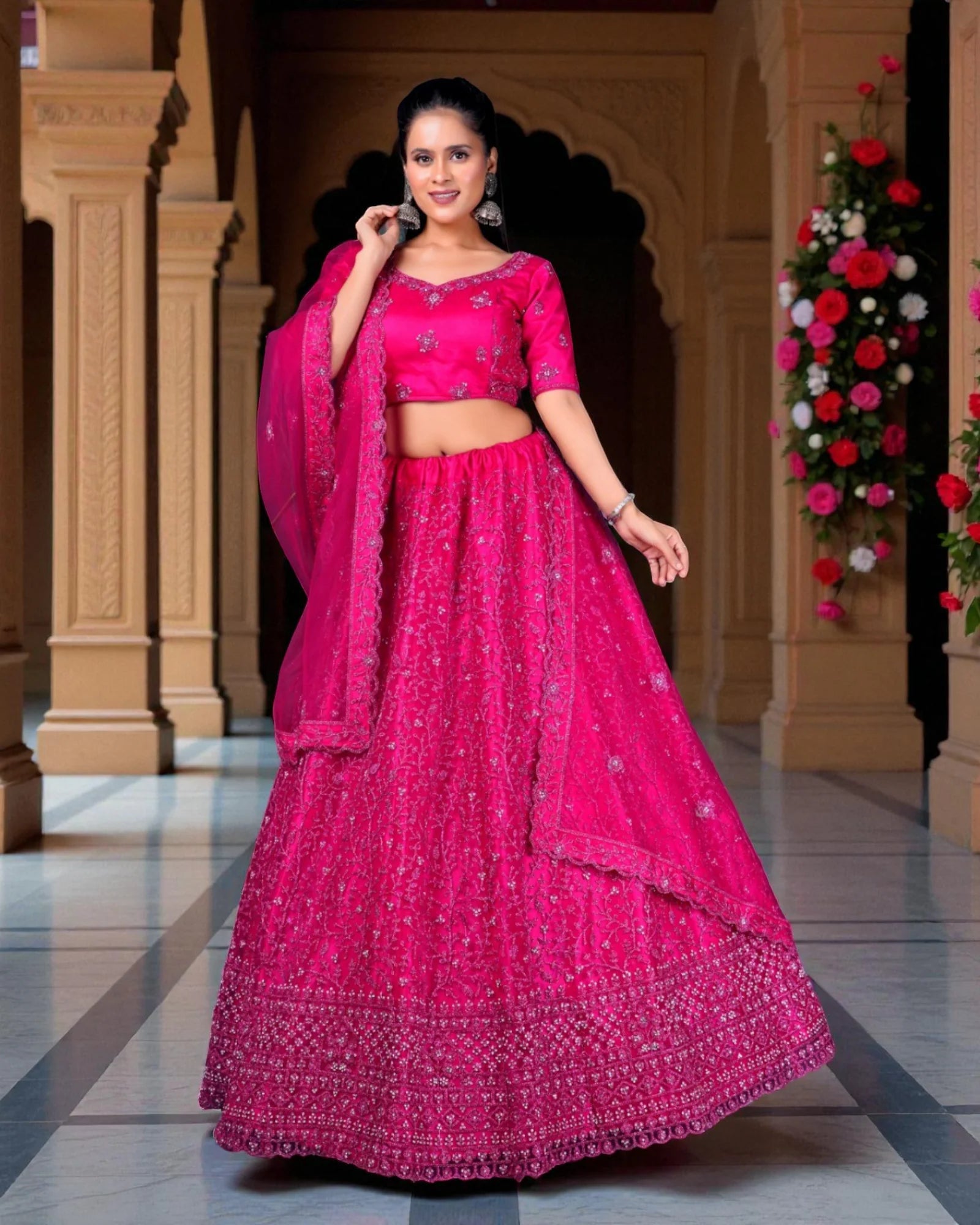 Dark Pink Semi Stitched Lehenga Set