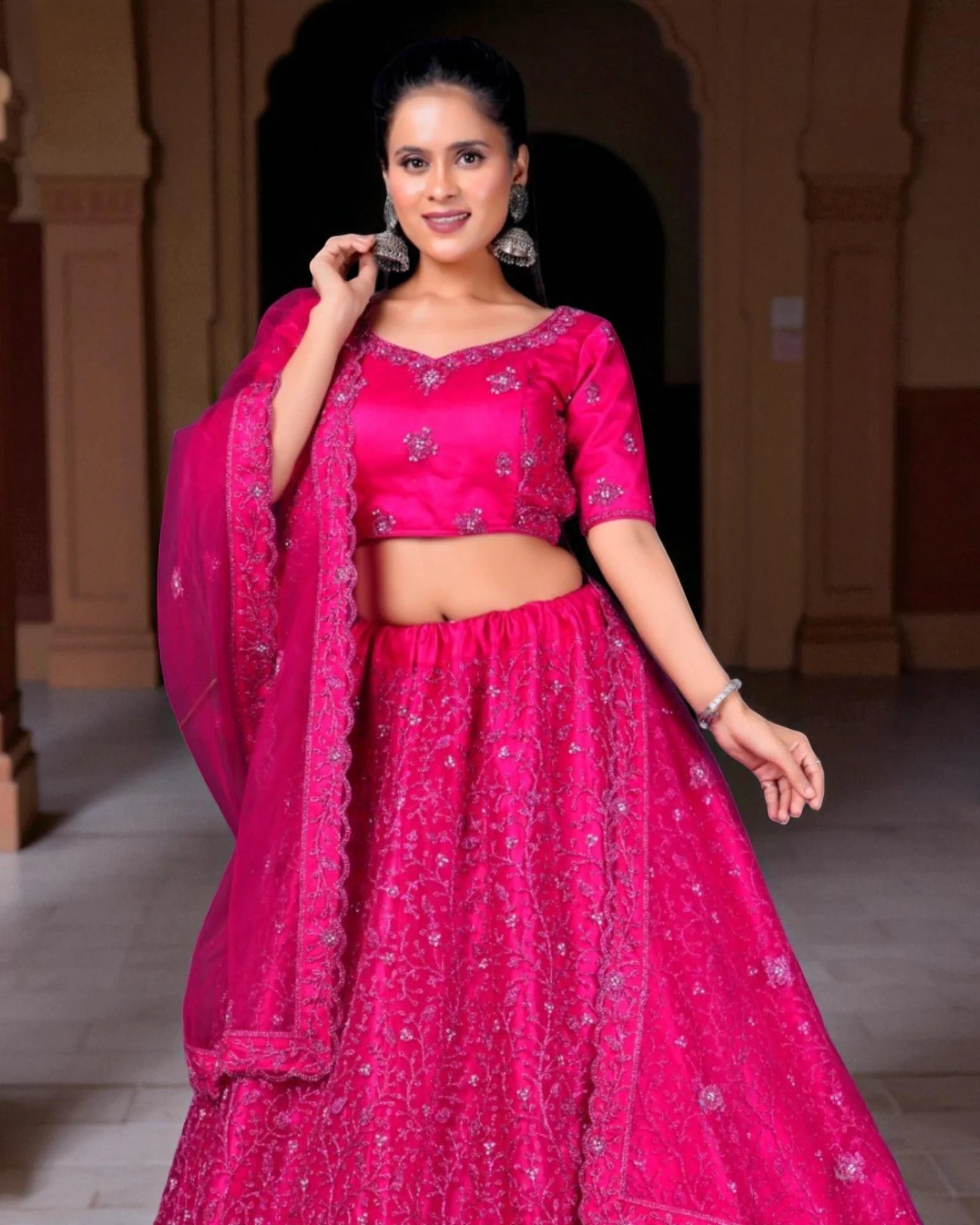 Dark Pink Semi Stitched Lehenga Set