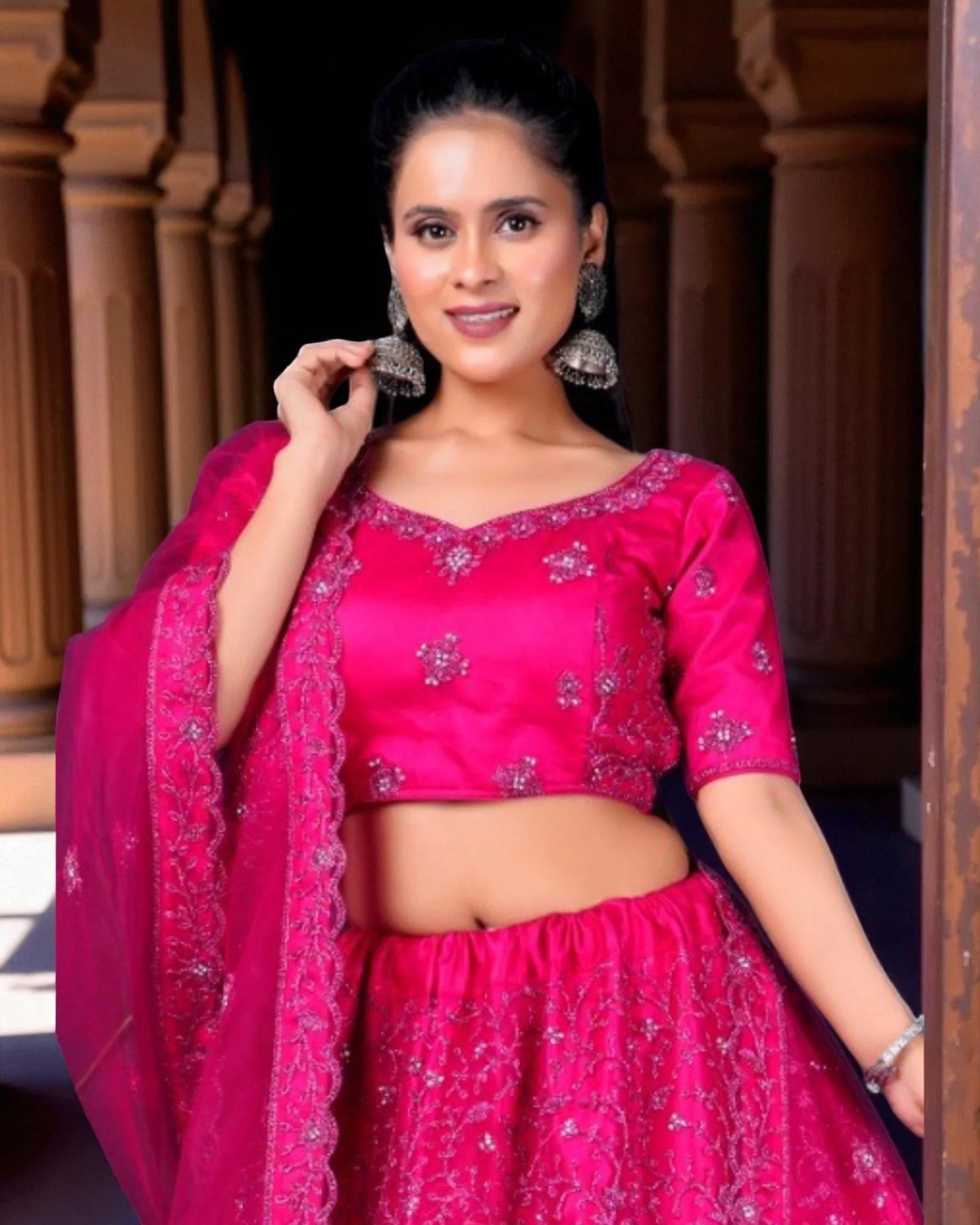 Dark Pink Semi Stitched Lehenga Set