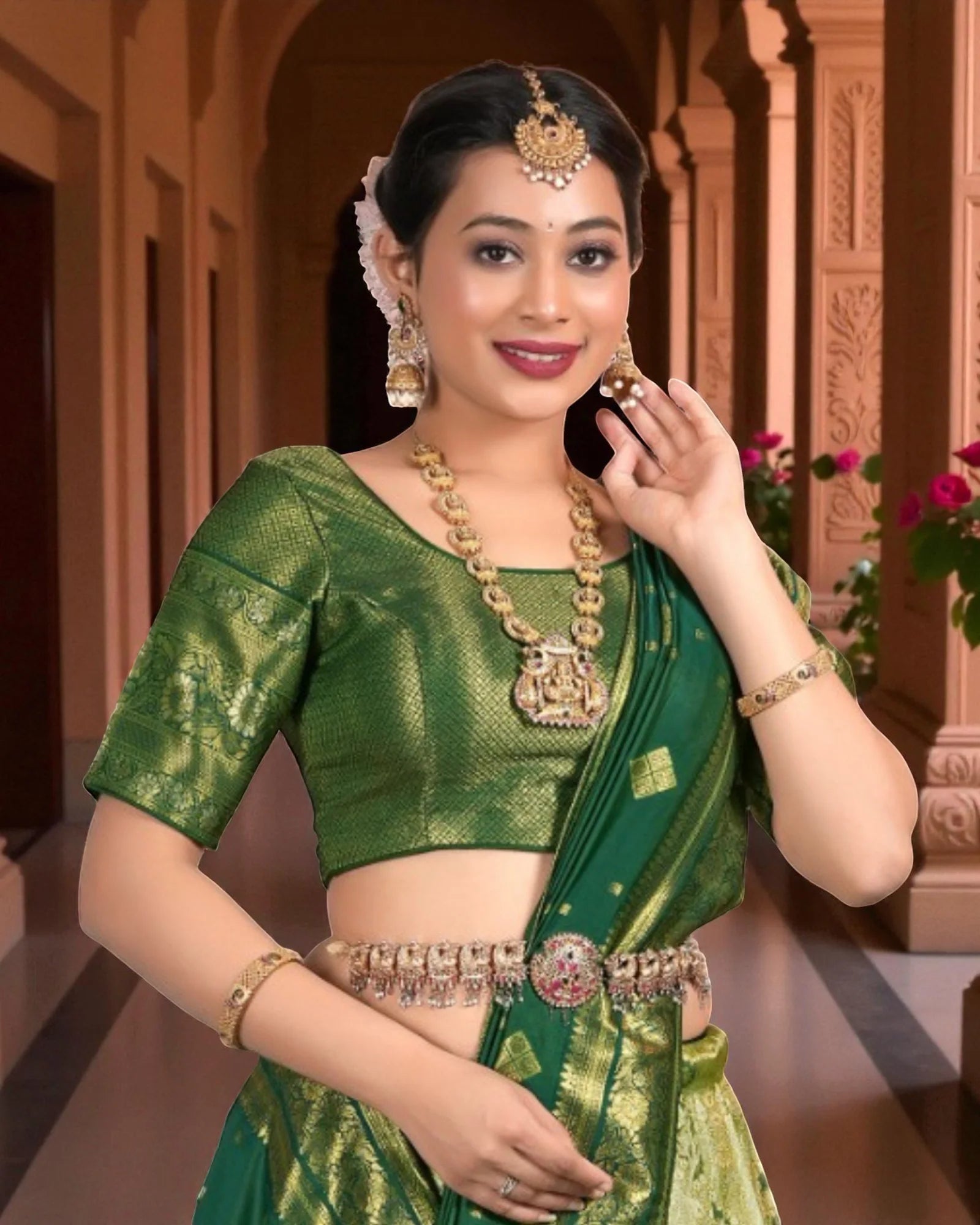 Green Banarasi Silk Half Saree with Zari Detailing