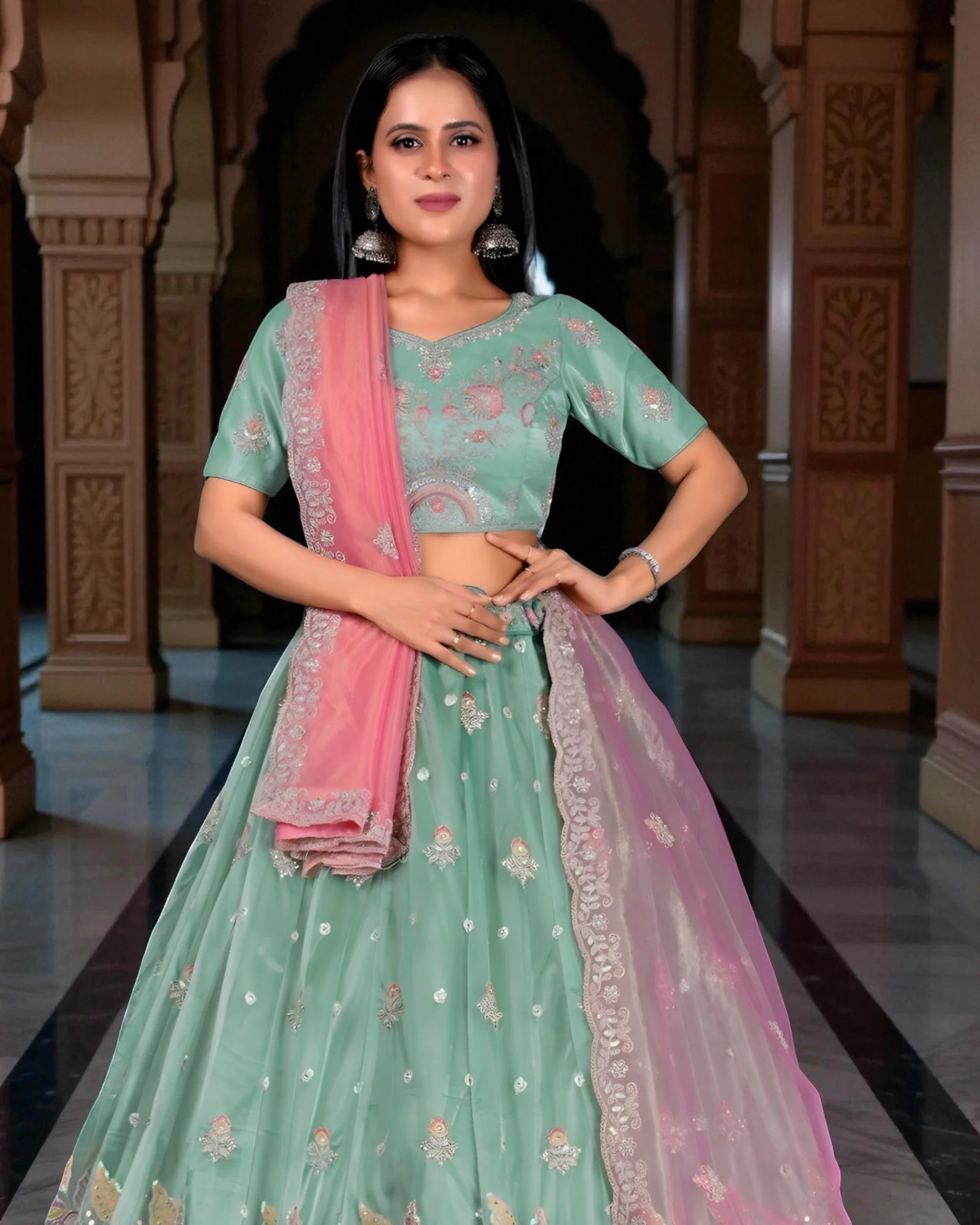 Green Threadwork Beaded Embroidered Lehenga Set