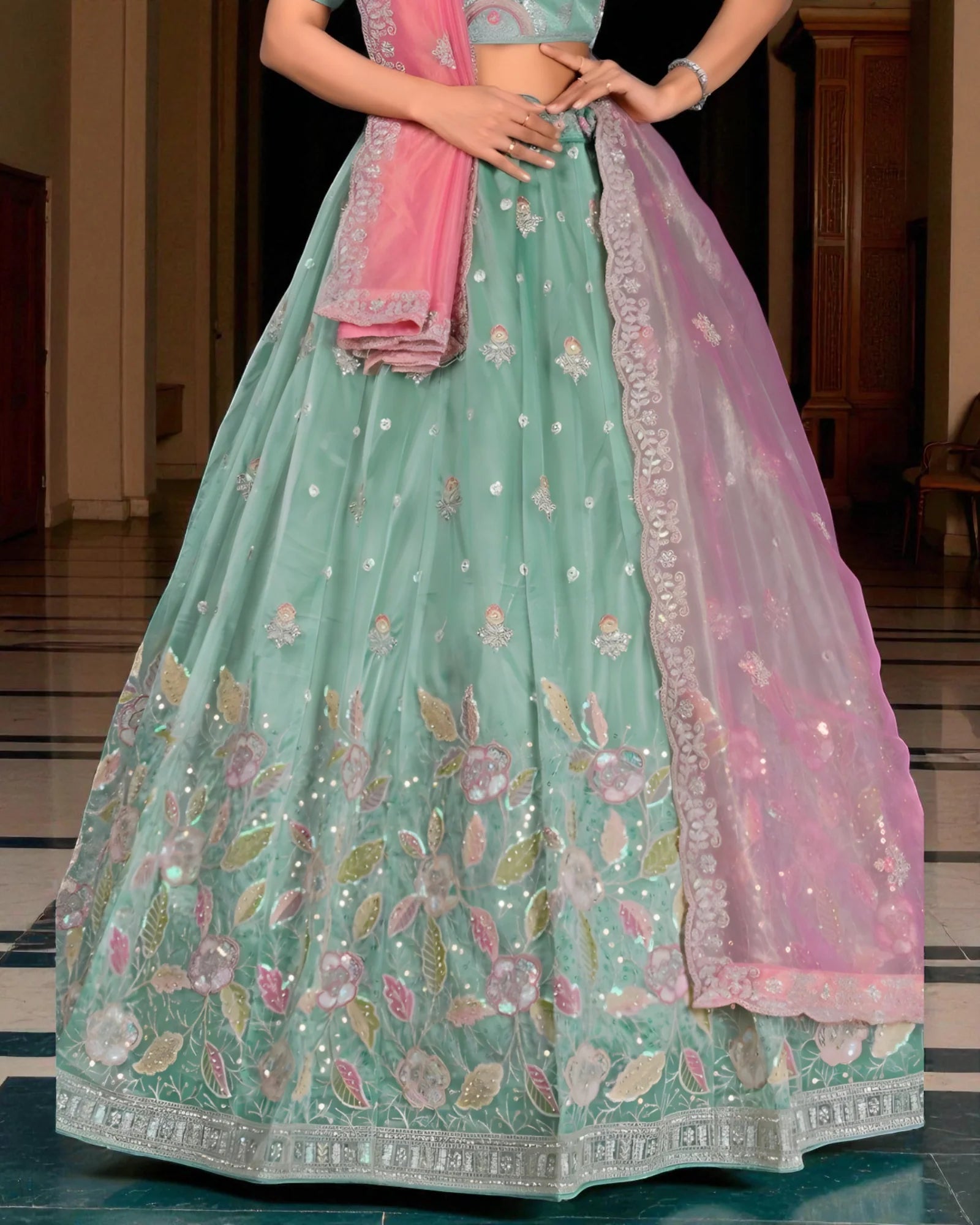 Green Threadwork Beaded Embroidered Lehenga Set