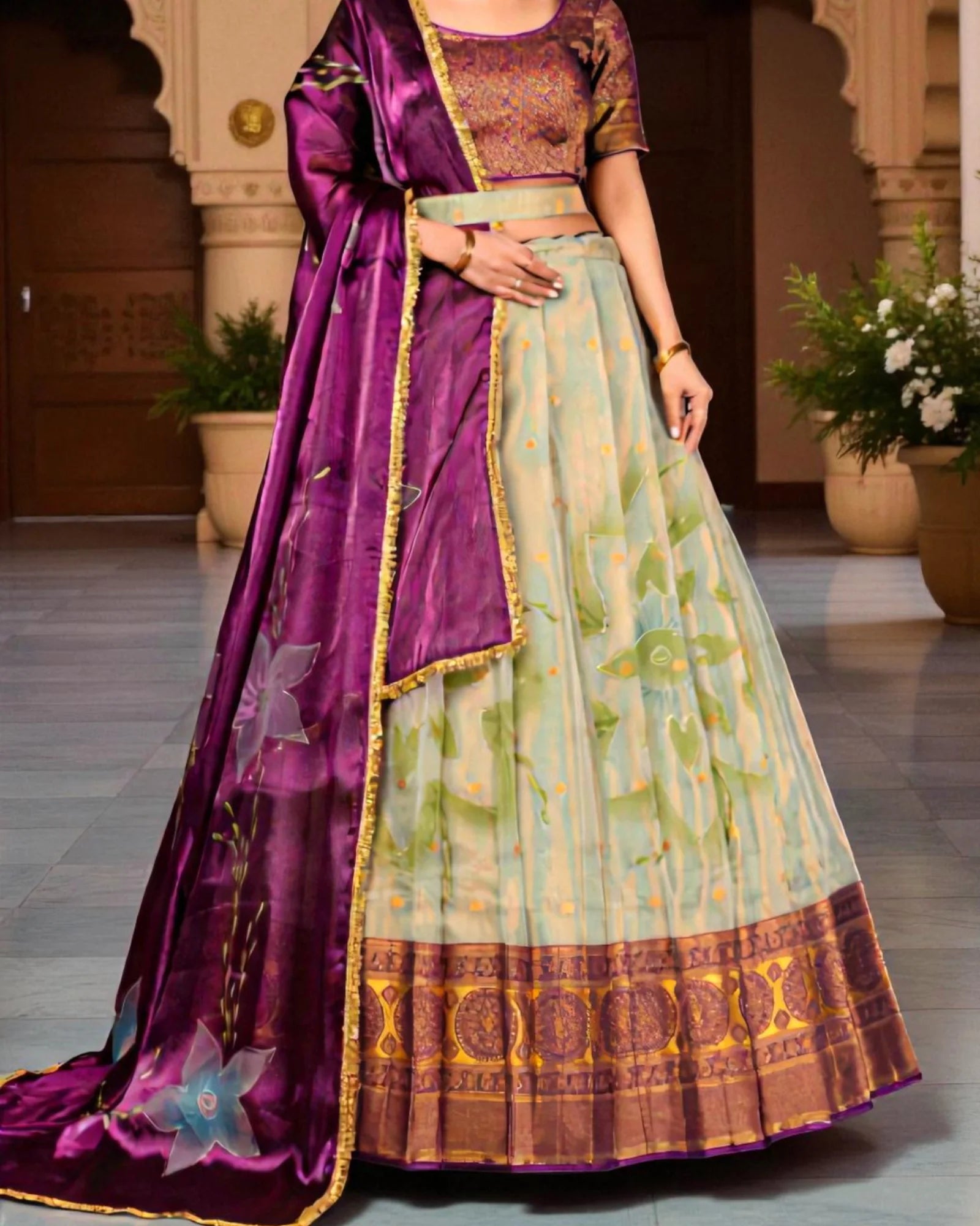 Floral Zari Detailed Semi Stitched Lehenga