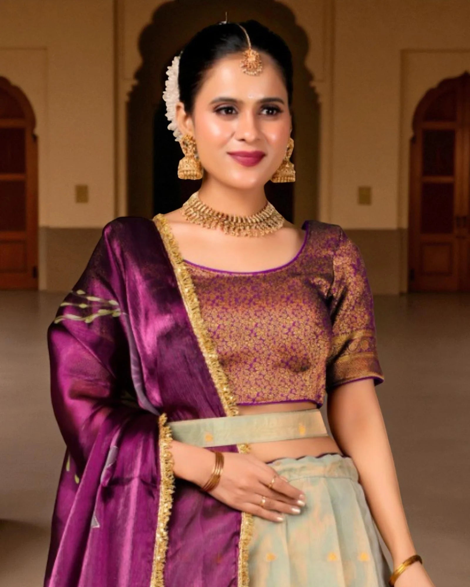 Floral Zari Detailed Semi Stitched Lehenga
