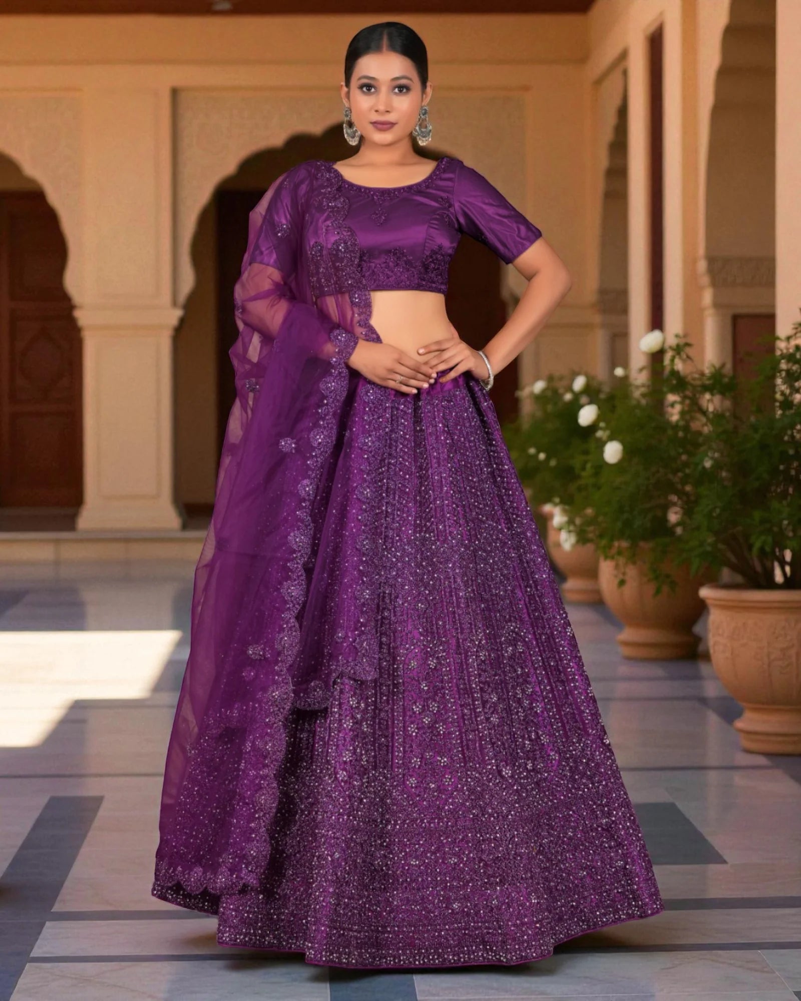 Purple Semi Stitched Artistic Lehenga Set