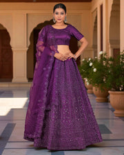 Purple Semi Stitched Artistic Lehenga Set