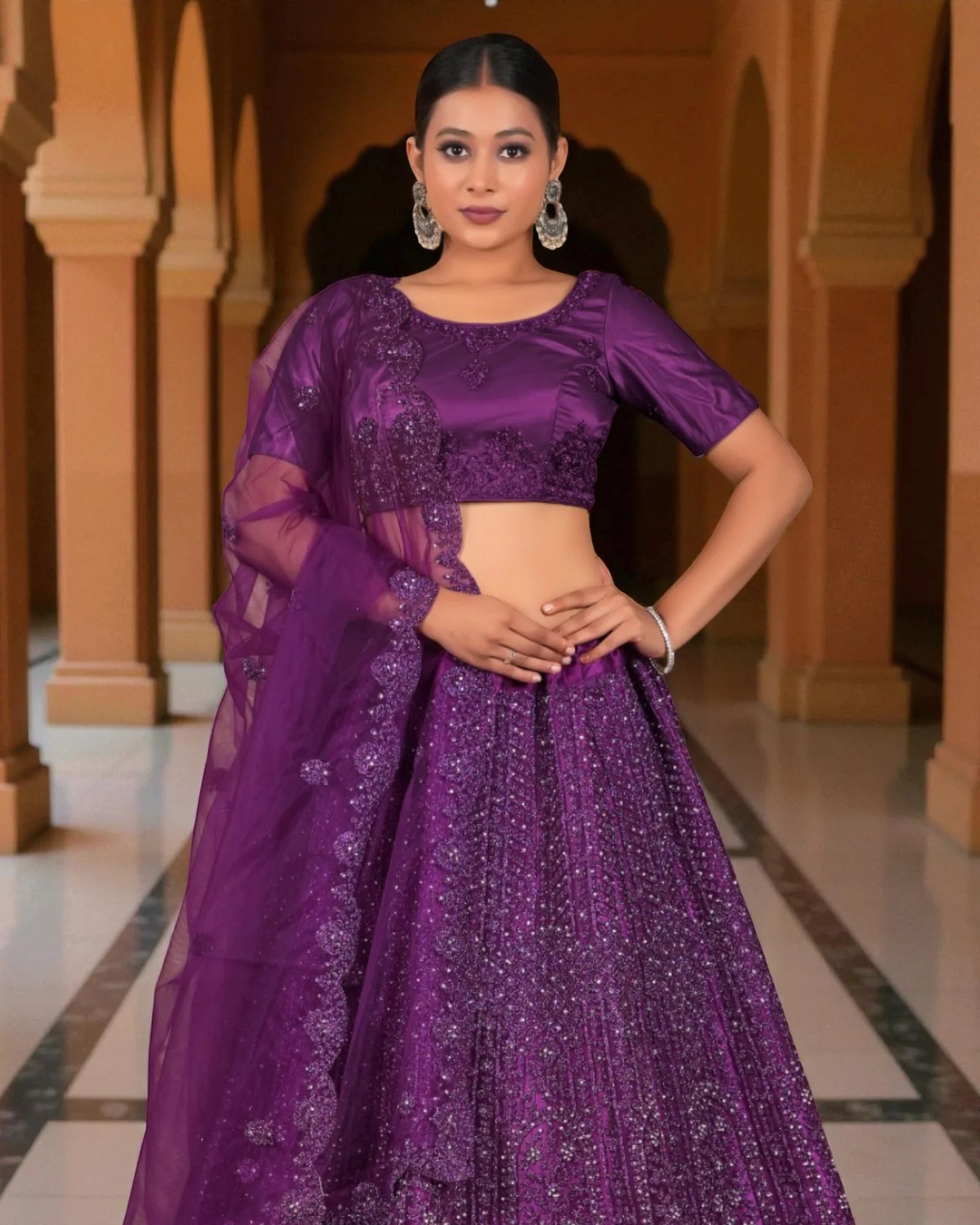 Purple Semi Stitched Artistic Lehenga Set