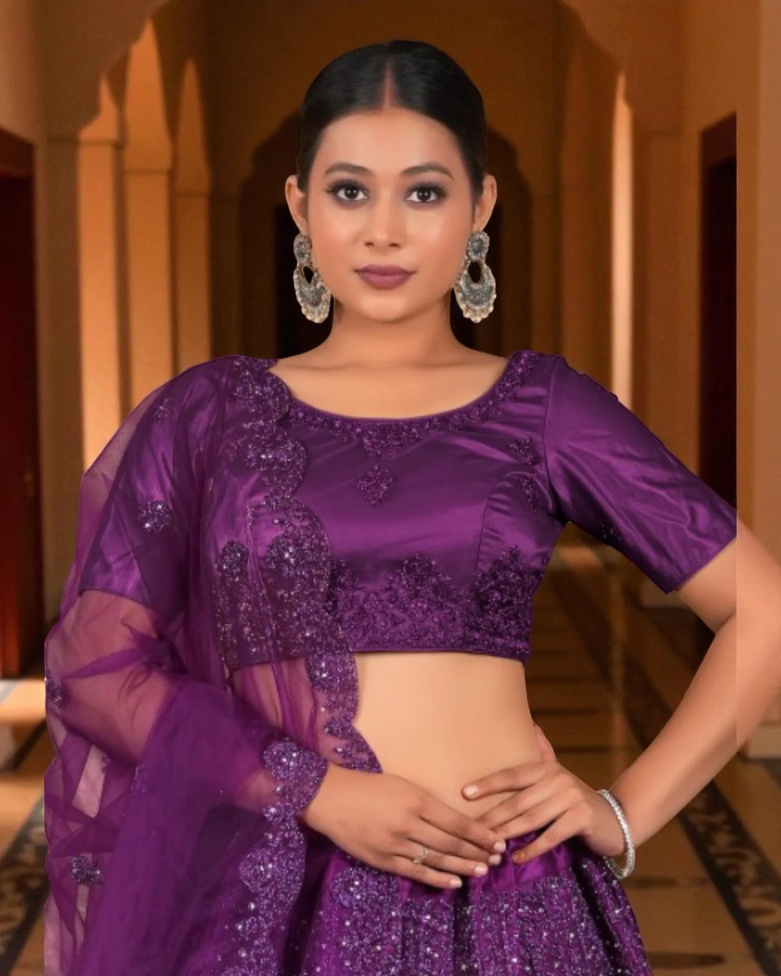 Purple Semi Stitched Artistic Lehenga Set