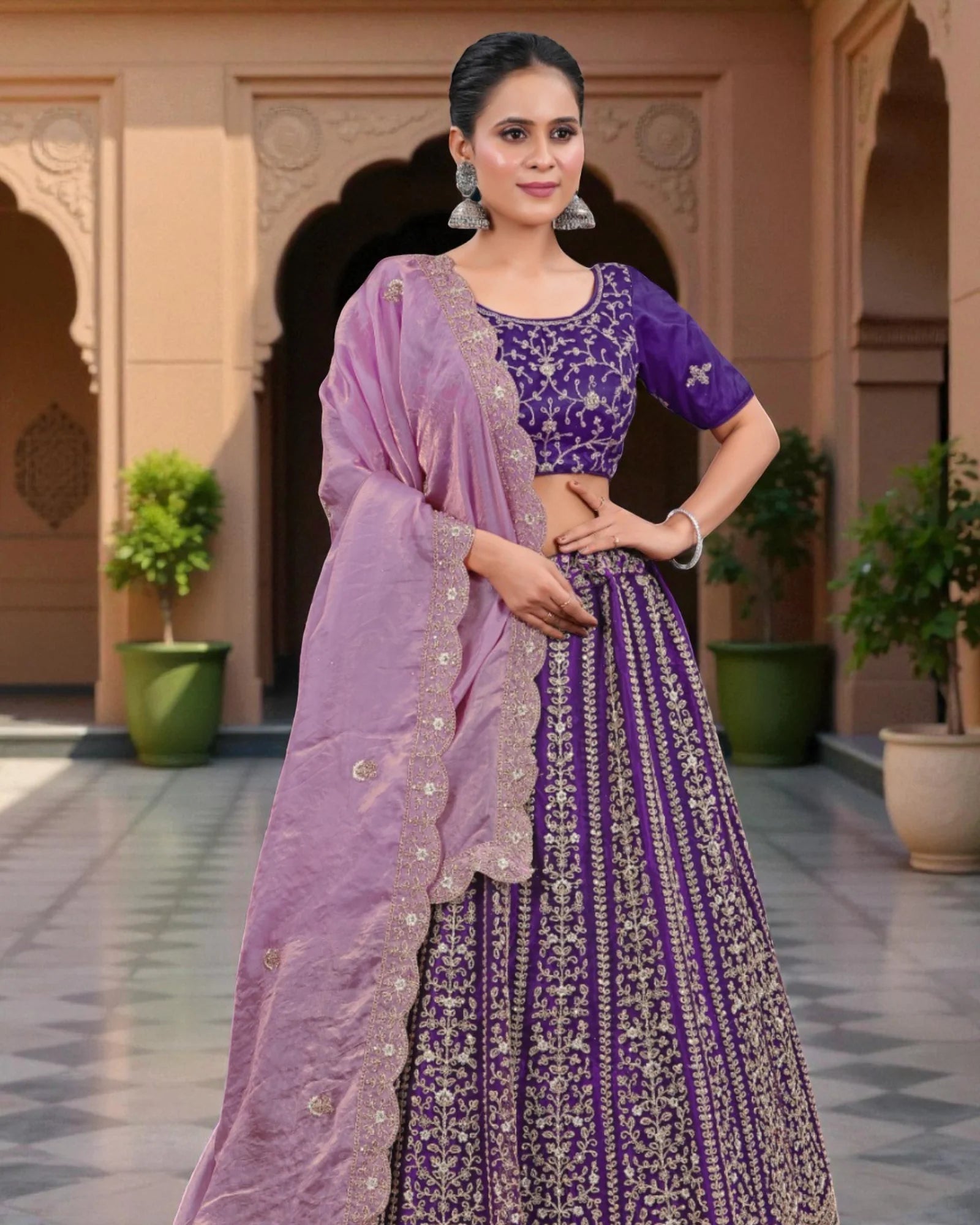 Purple Semi Stitched Lehenga Set